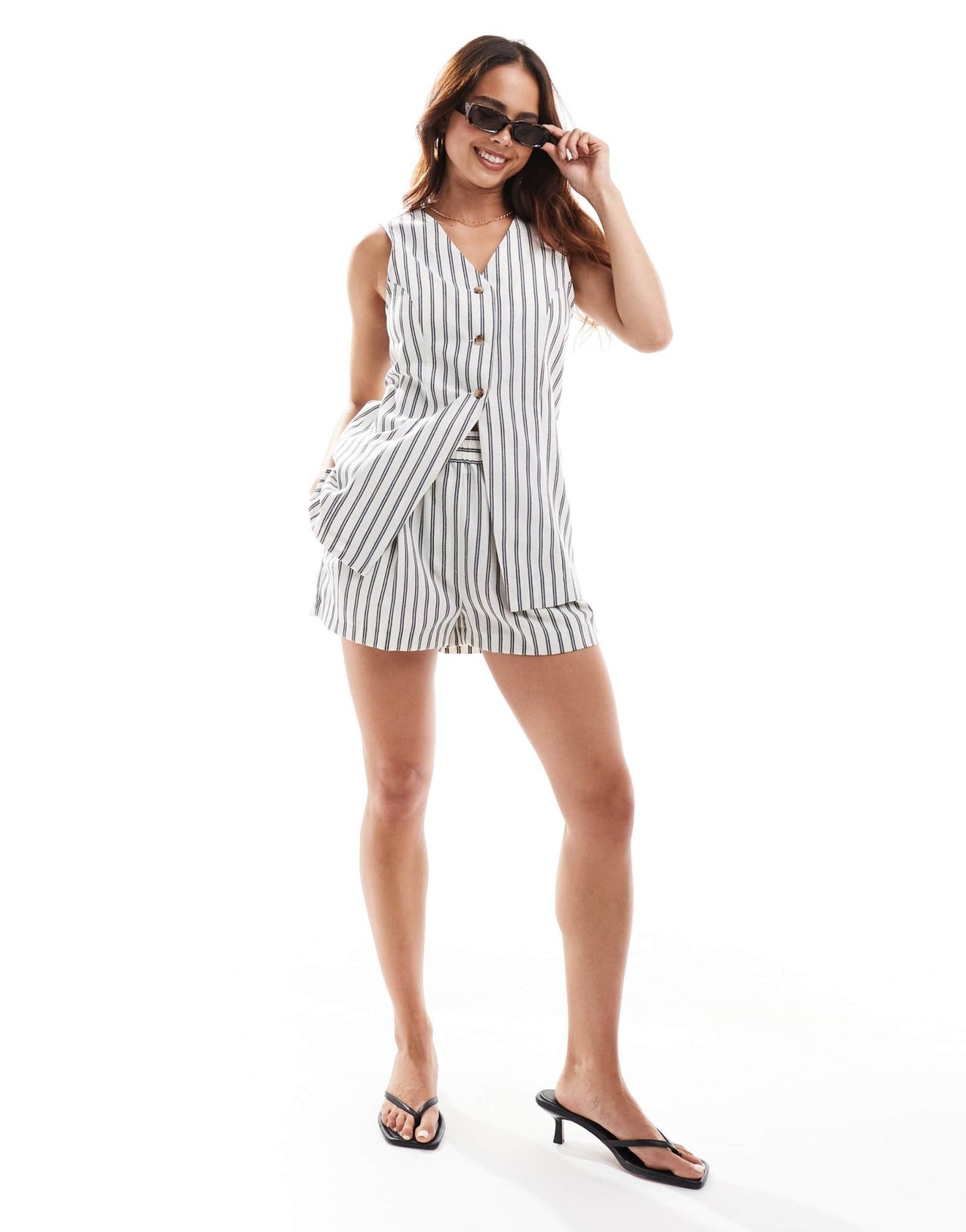 ASOS DESIGN high neck longline waistcoat with linen in navy stripe - ASOS Sample Sale