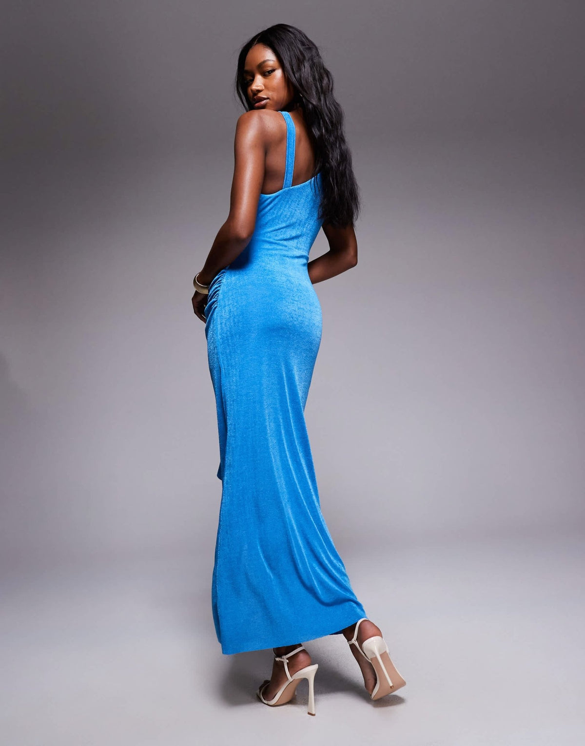 ASOS DESIGN high neck maxi slinky dress with drape in blue - ASOS Sample Sale