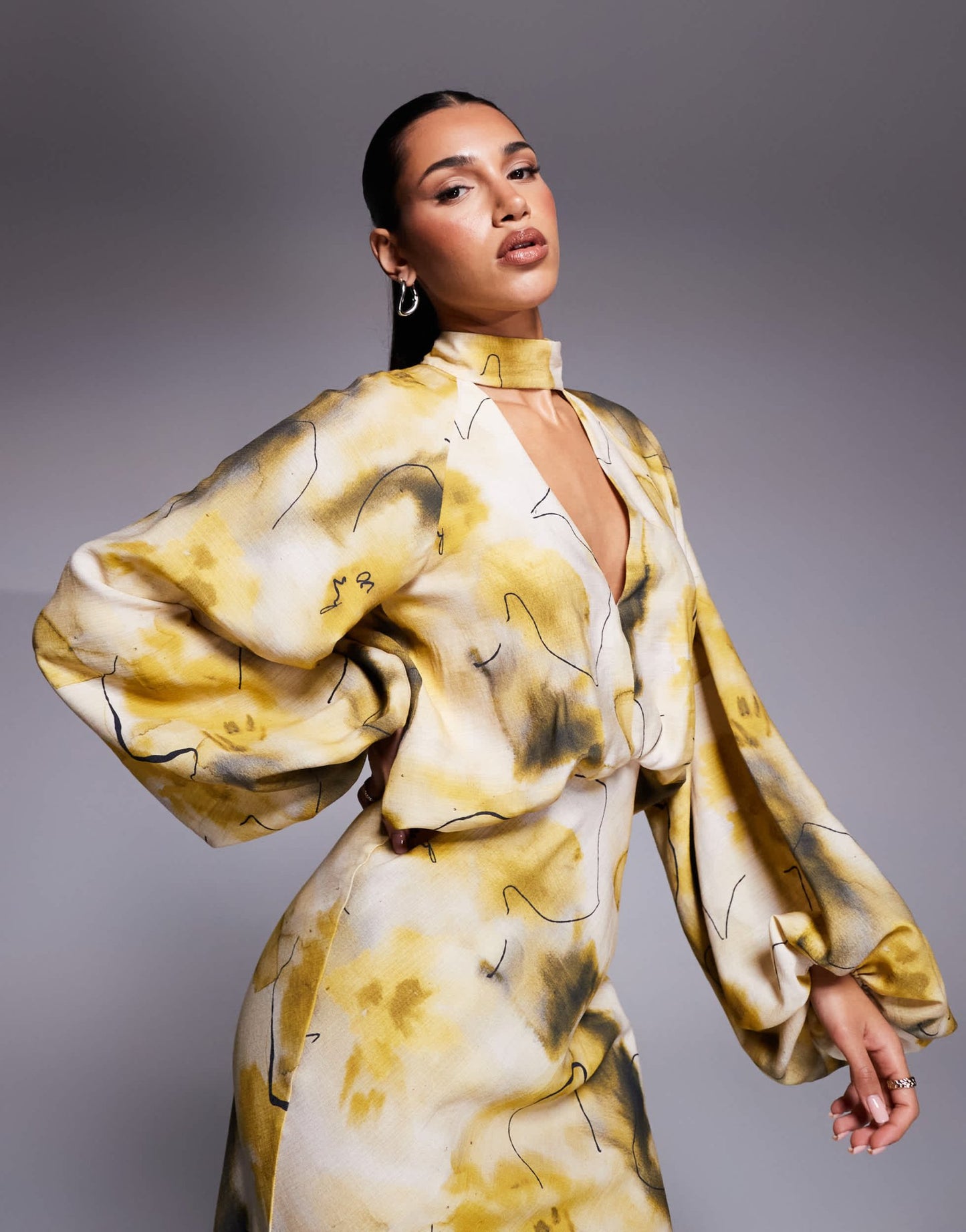 ASOS DESIGN high neck plunge maxi dress with blouson sleeves in green abstract print - ASOS Sample Sale