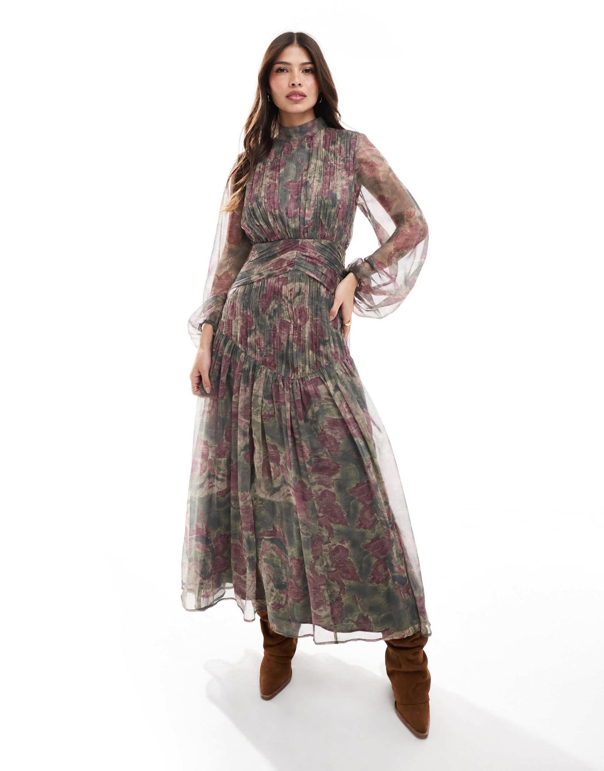 ASOS DESIGN high neck ruched chevron detail maxi dress in blurred floral print - ASOS Sample Sale