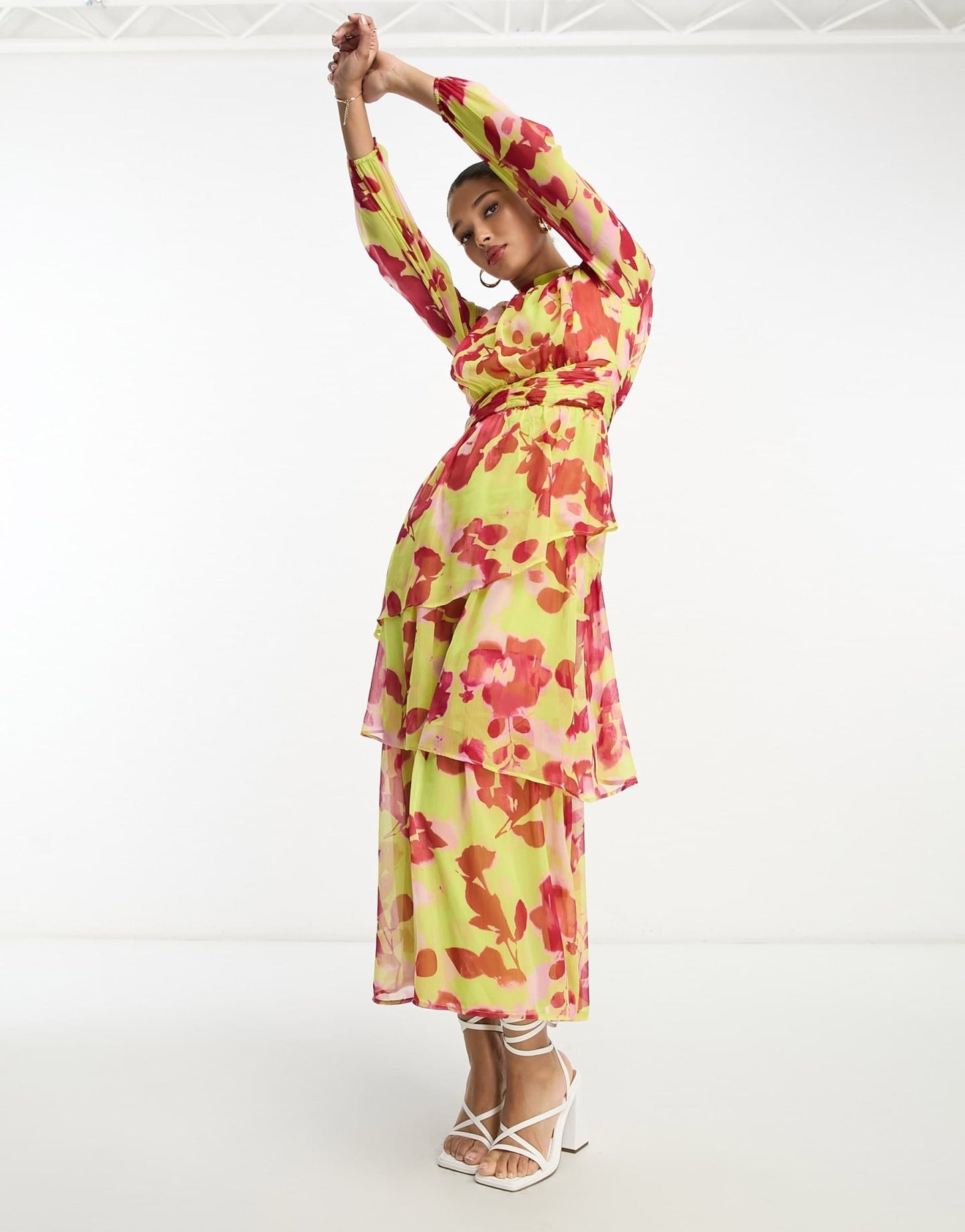ASOS DESIGN high neck ruched waist maxi tea dress in pink floral print - ASOS Sample Sale