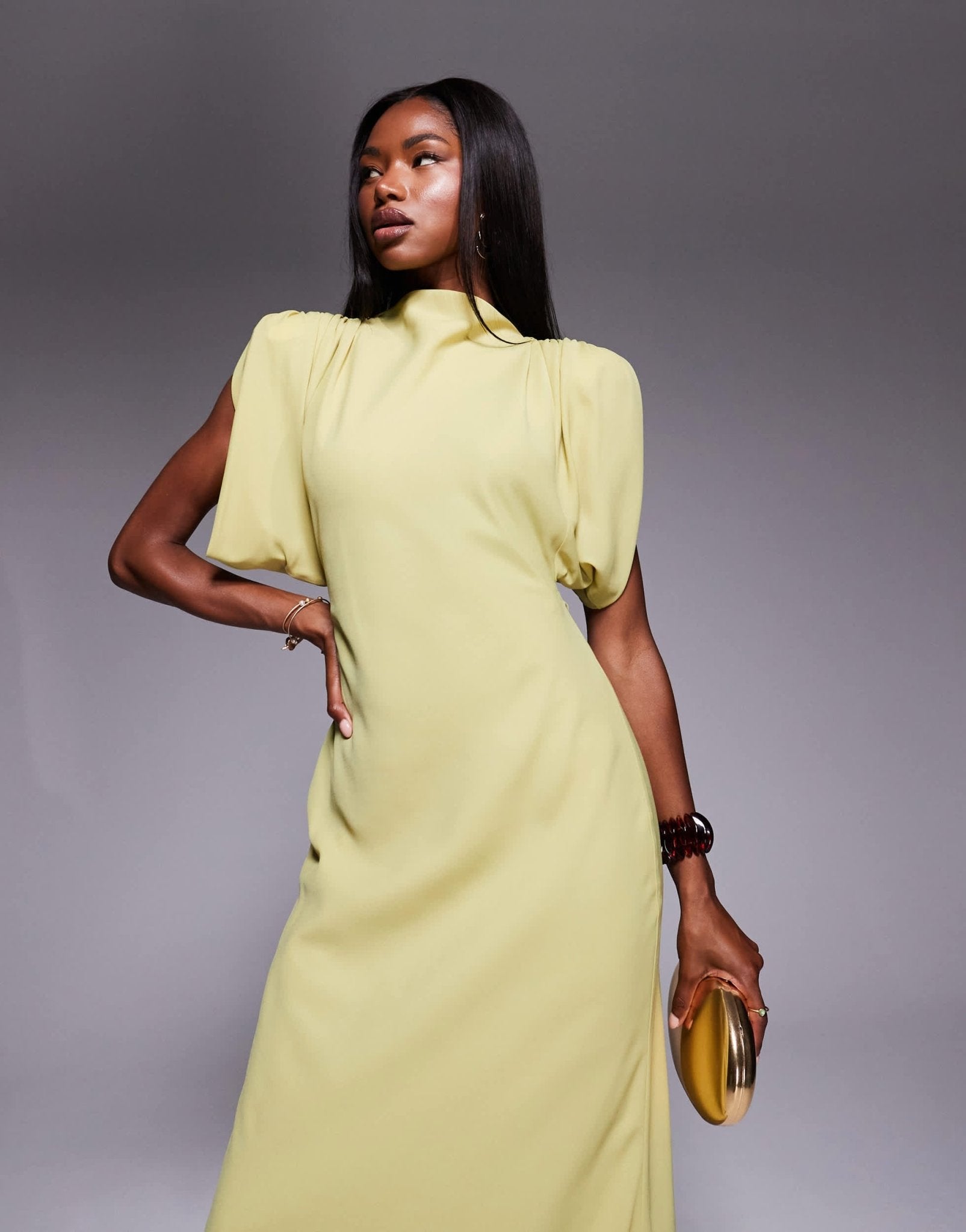 ASOS DESIGN high neck satin shoulder pad maxi dress with cowl back in olive - ASOS Sample Sale