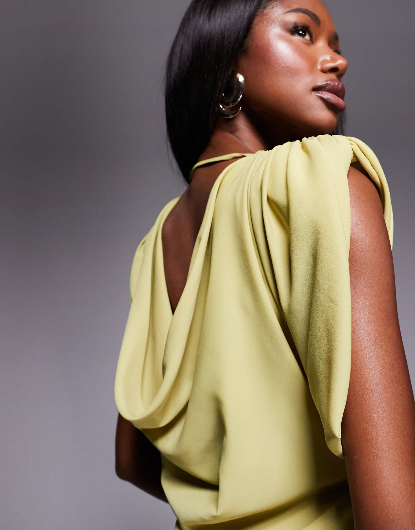 ASOS DESIGN high neck satin shoulder pad maxi dress with cowl back in olive - ASOS Sample Sale