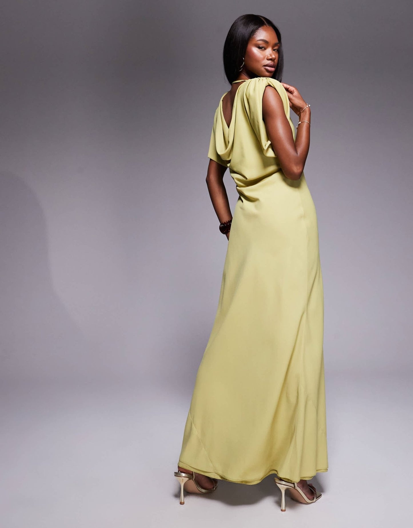 ASOS DESIGN high neck satin shoulder pad maxi dress with cowl back in olive - ASOS Sample Sale
