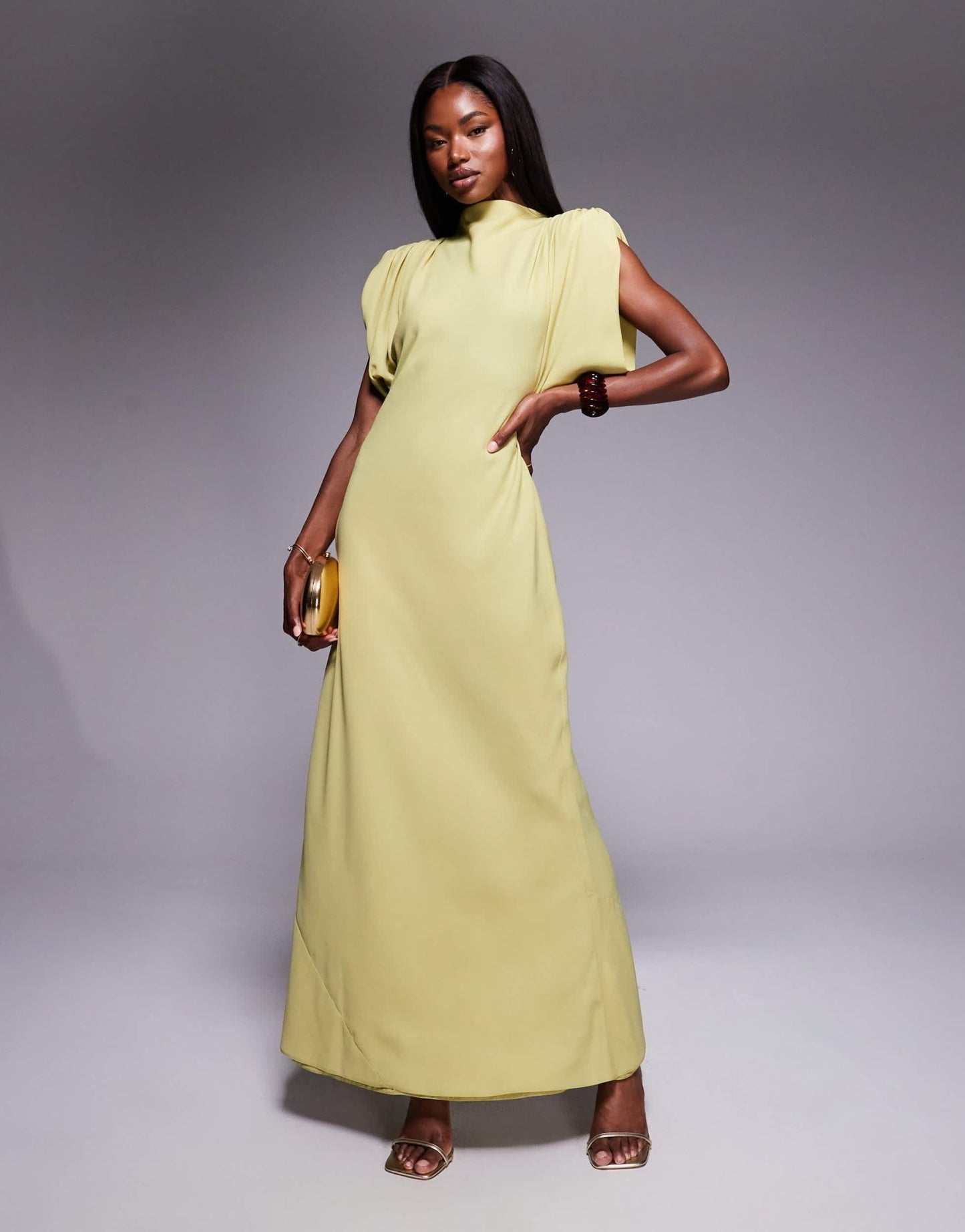 asos yellow satin dress ASOS DESIGN high neck satin shoulder pad maxi dress with cowl back in – ASOS Sample Sale