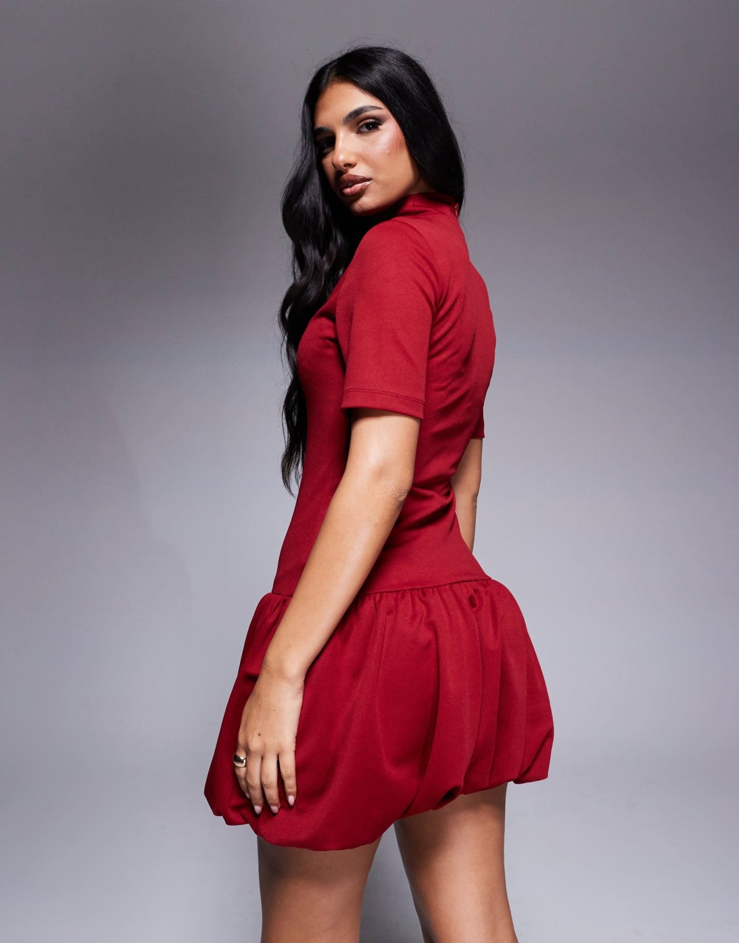 ASOS DESIGN high neck short sleeve puffball dress in plum - ASOS Sample Sale