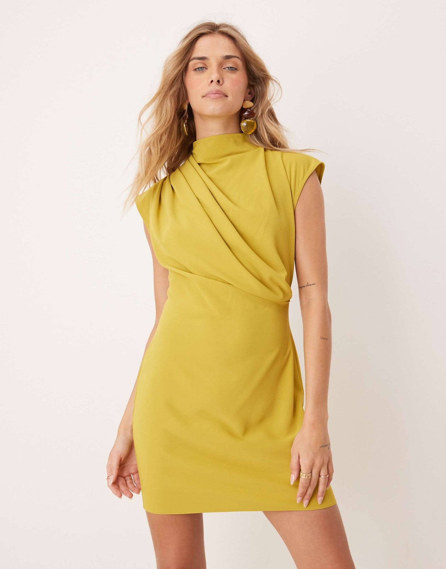 ASOS DESIGN high neck sleeveless mini dress with draped neck in gold - ASOS Sample Sale