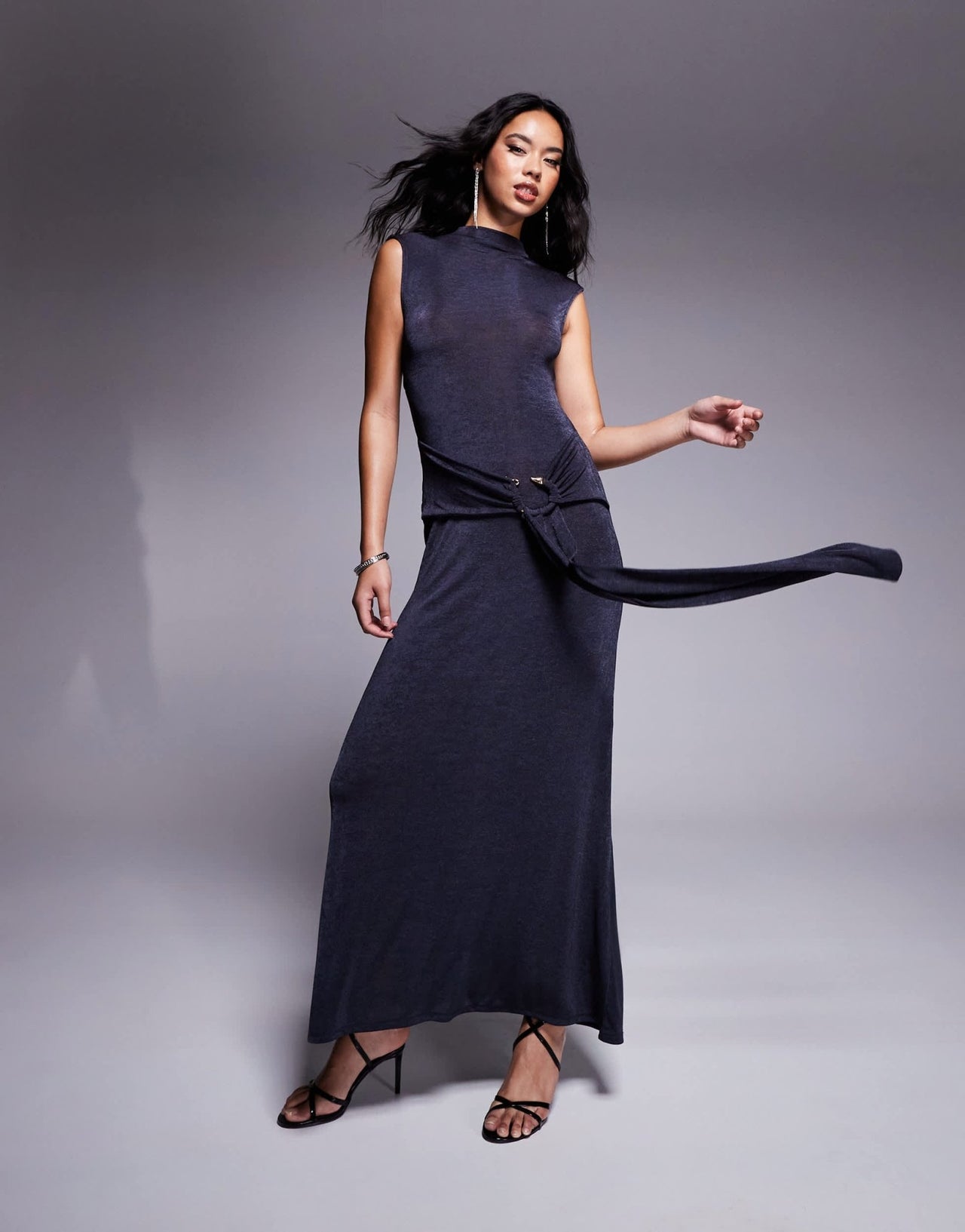 ASOS DESIGN high neck slinky maxi dress with snake hardware trim in charcoal - ASOS Sample Sale