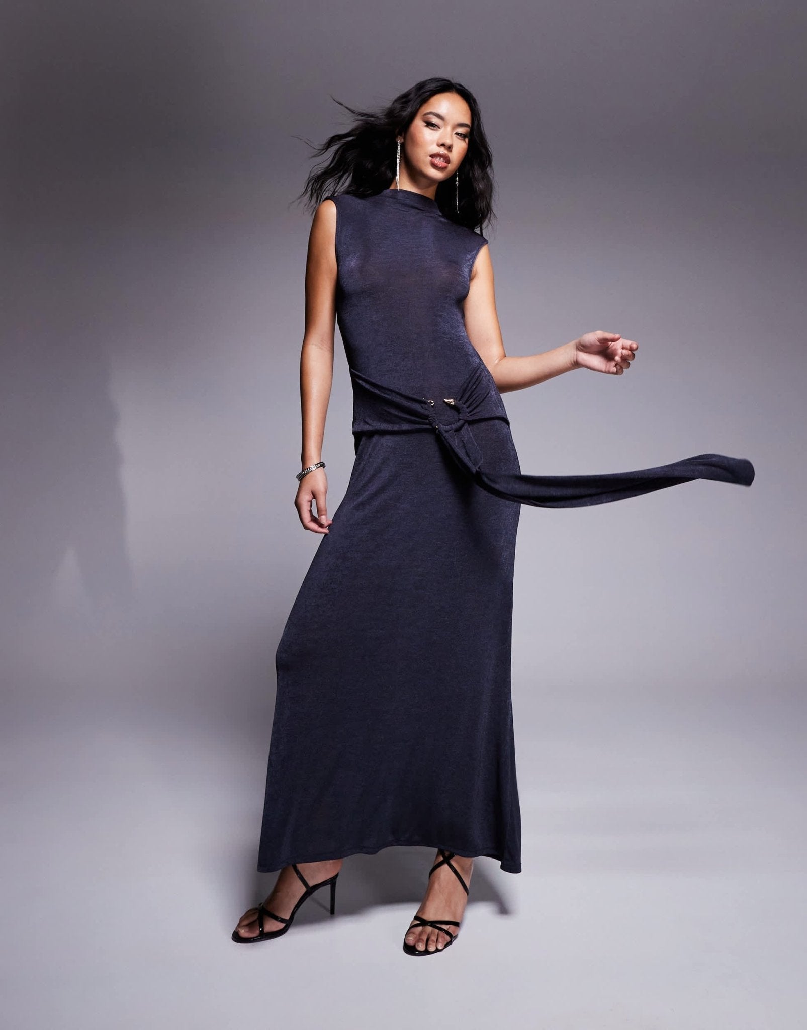 ASOS DESIGN high neck slinky maxi dress with snake hardware trim in charcoal - ASOS Sample Sale