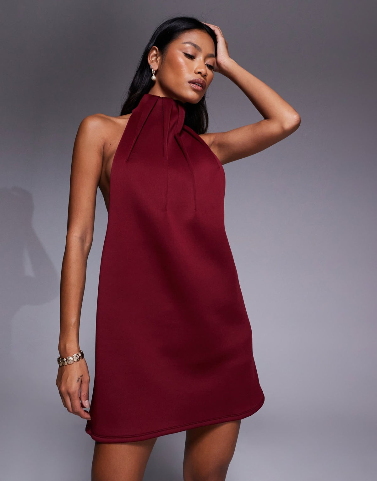 ASOS DESIGN high neck swing mini dress with exaggerated darts in burgundy in scuba-style fabric - ASOS Sample Sale