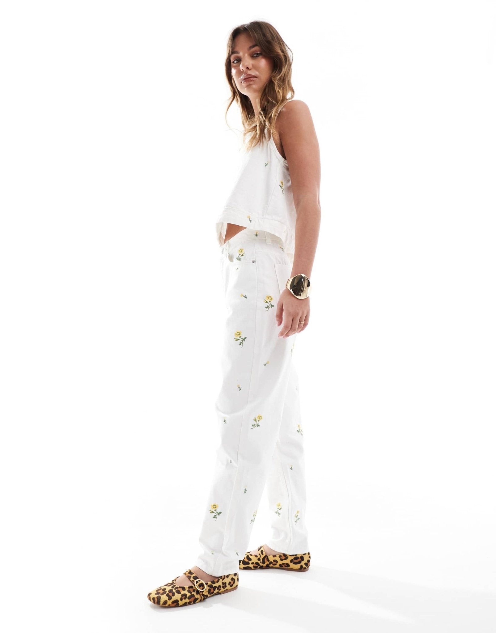 ASOS DESIGN high rise relaxed mom jeans with floral embroidery in white co-ord - ASOS Sample Sale