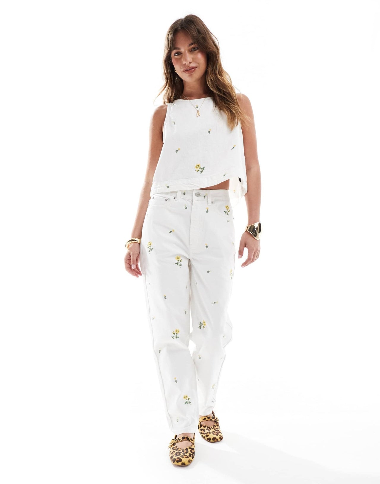 ASOS DESIGN high rise relaxed mom jeans with floral embroidery in white co-ord - ASOS Sample Sale