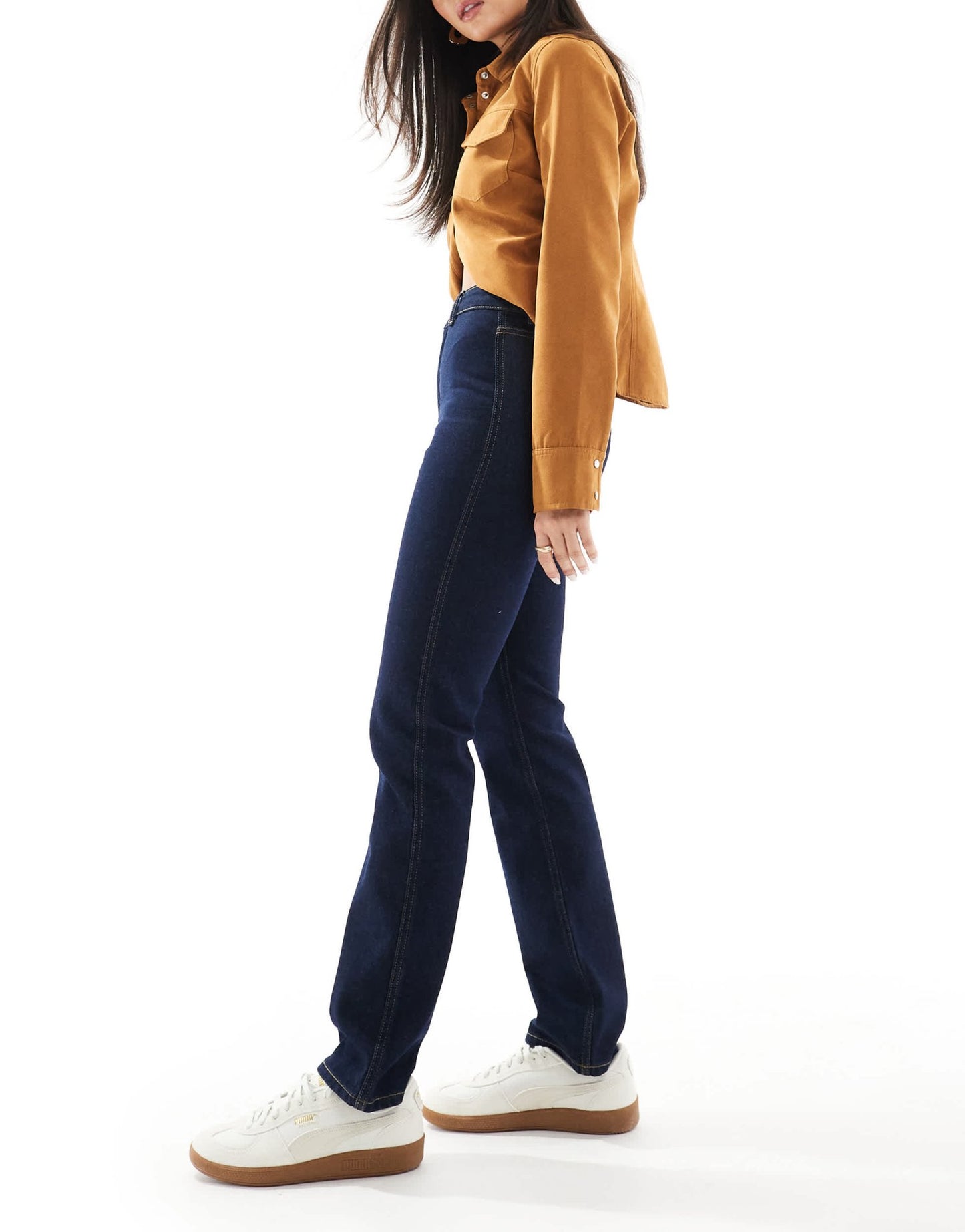 ASOS DESIGN high rise slim straight jean in inky wash with gold button detail - ASOS Sample Sale