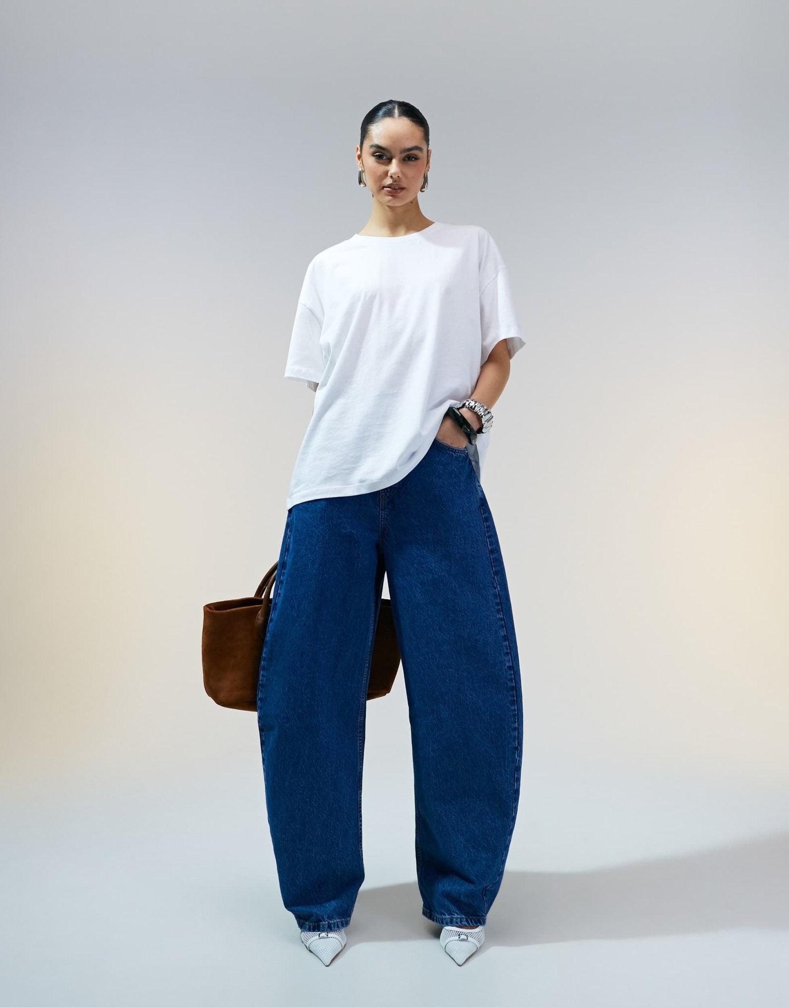 ASOS DESIGN high waisted barrel leg jeans in mid blue - ASOS Sample Sale
