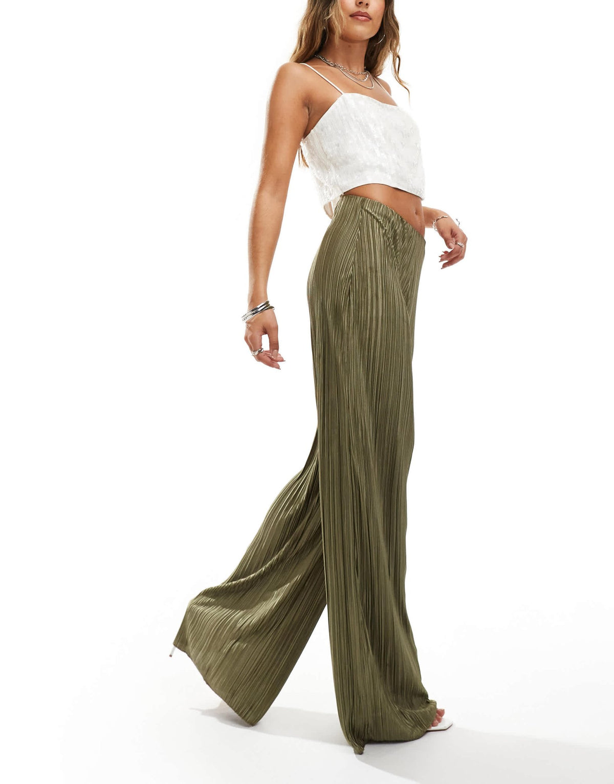 ASOS DESIGN high waisted plisse straight leg trousers in soft khaki - ASOS Sample Sale