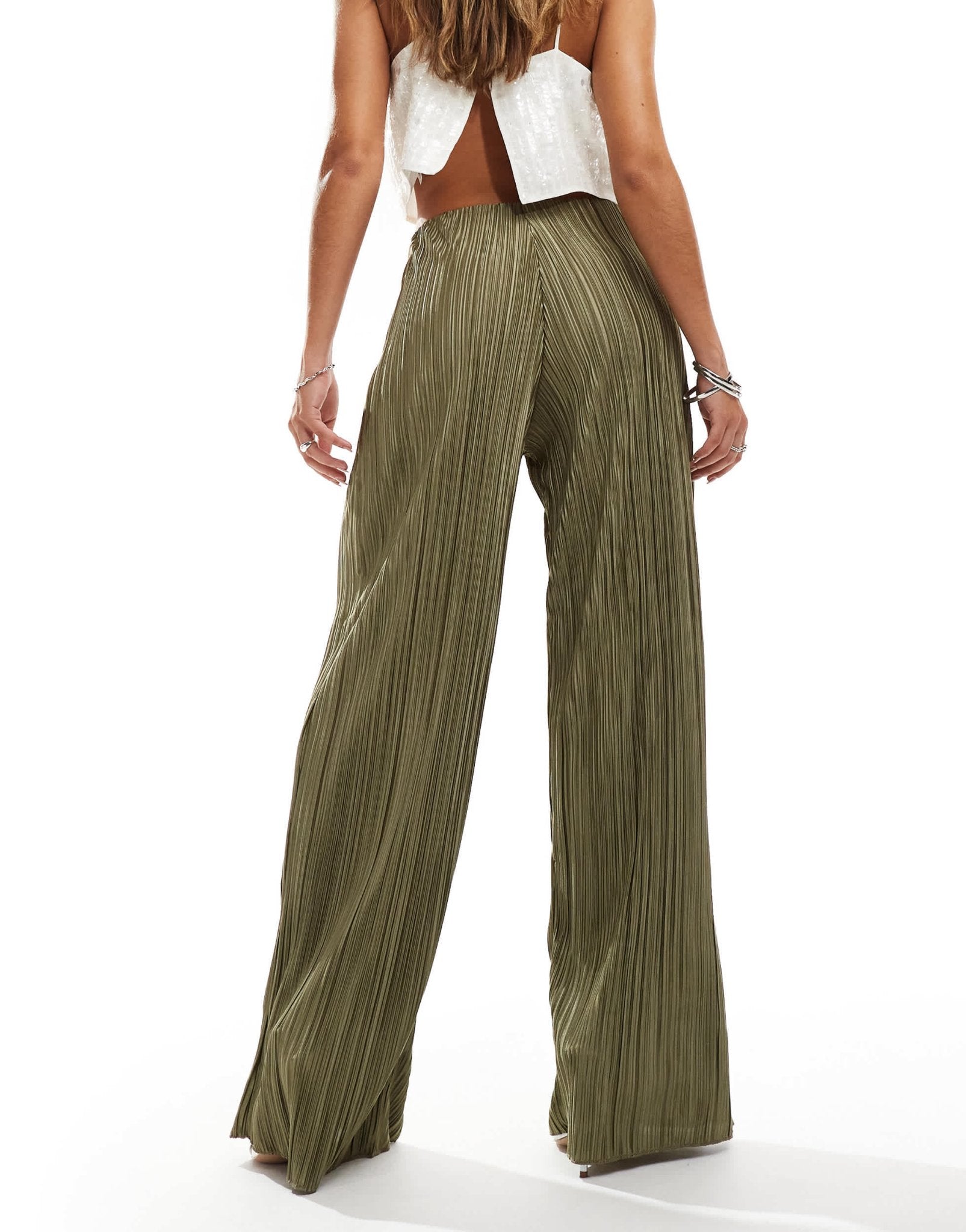 ASOS DESIGN high waisted plisse straight leg trousers in soft khaki - ASOS Sample Sale