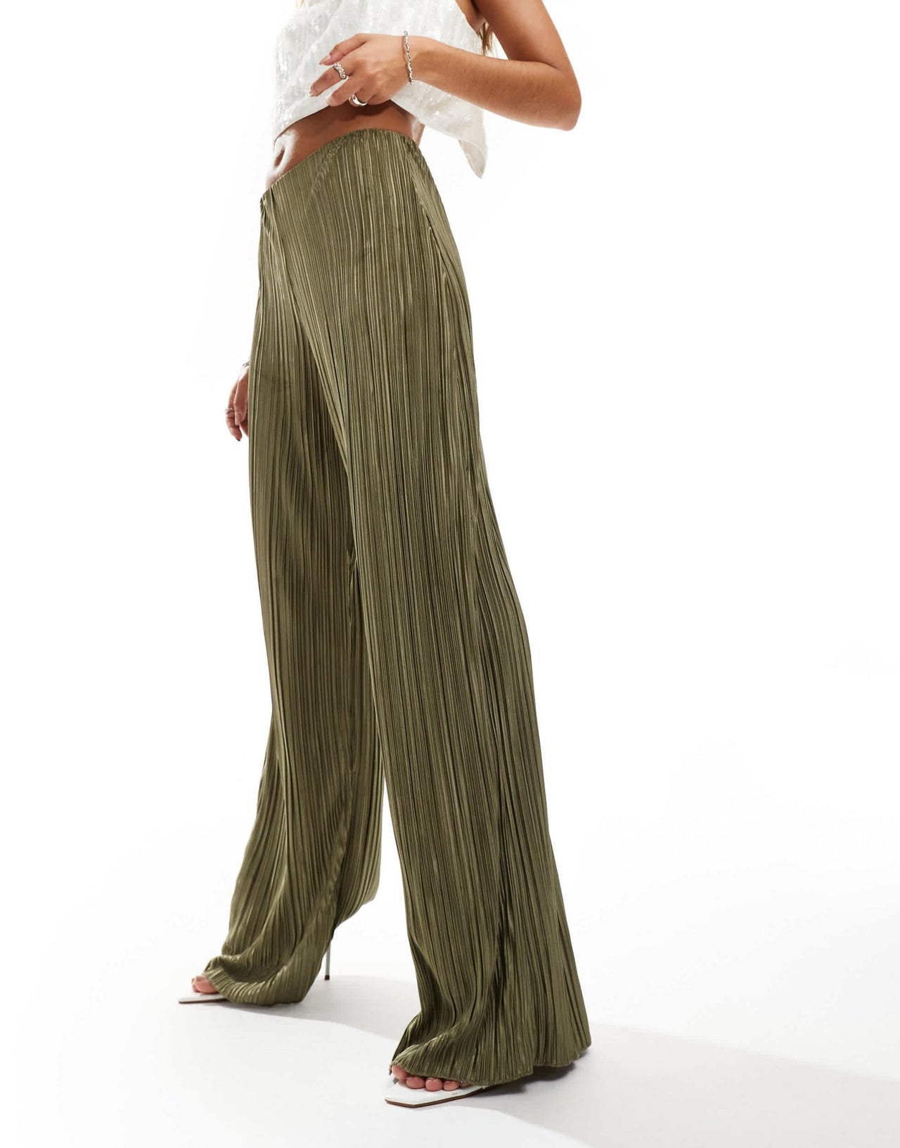 ASOS DESIGN high waisted plisse straight leg trousers in soft khaki - ASOS Sample Sale