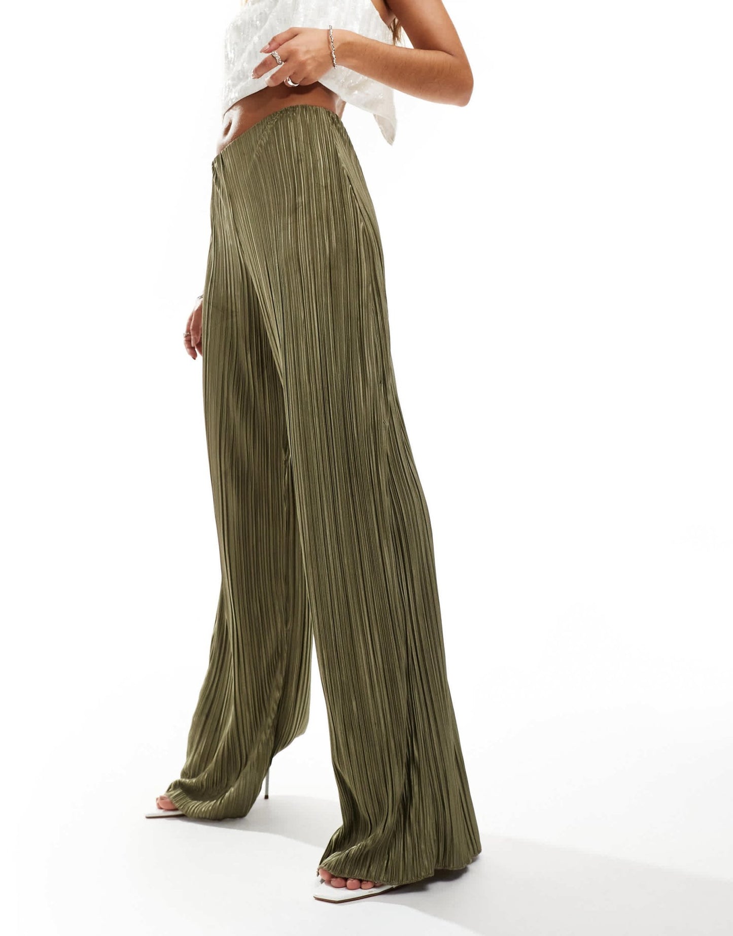 ASOS DESIGN high waisted plisse straight leg trousers in soft khaki - ASOS Sample Sale