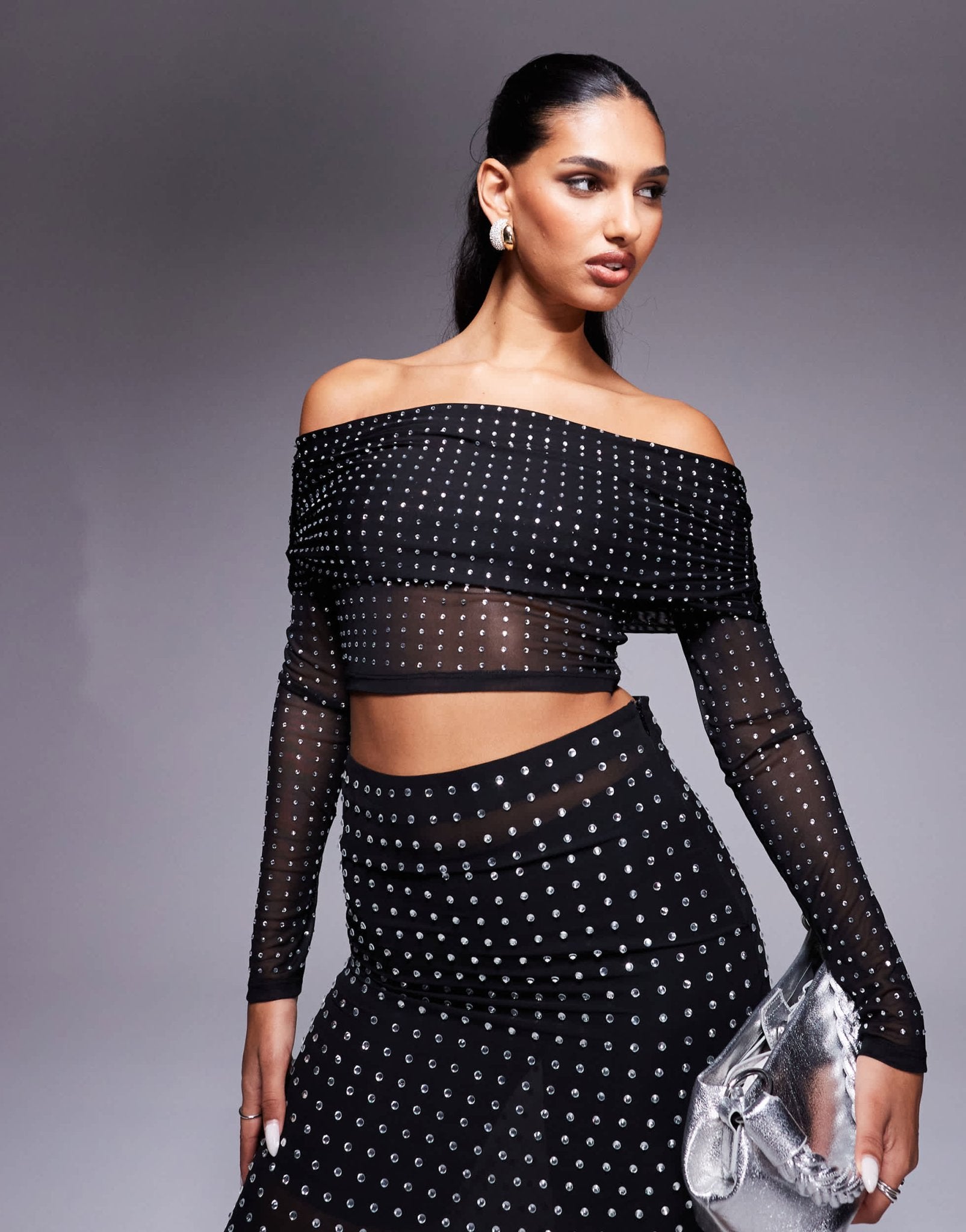 ASOS DESIGN hotfix off shoulder long sleeve top in black - ASOS Sample Sale