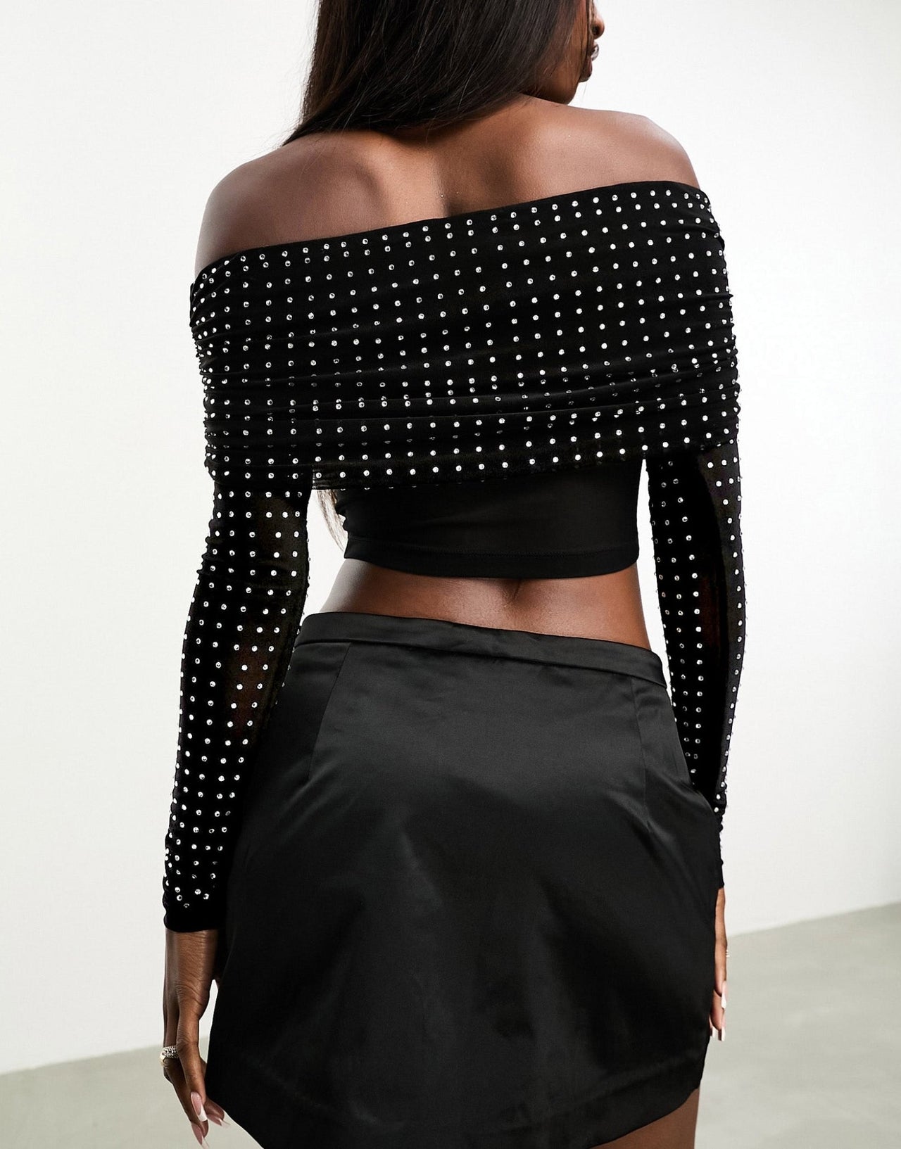 ASOS DESIGN hotfix off shoulder long sleeve top in black - ASOS Sample Sale