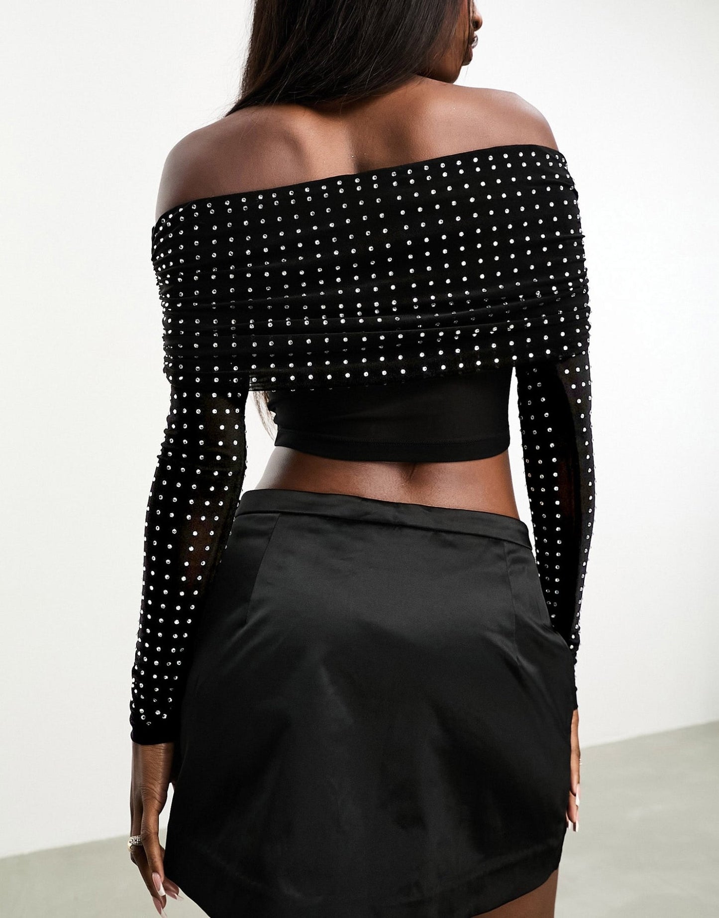 ASOS DESIGN hotfix off shoulder long sleeve top in black - ASOS Sample Sale