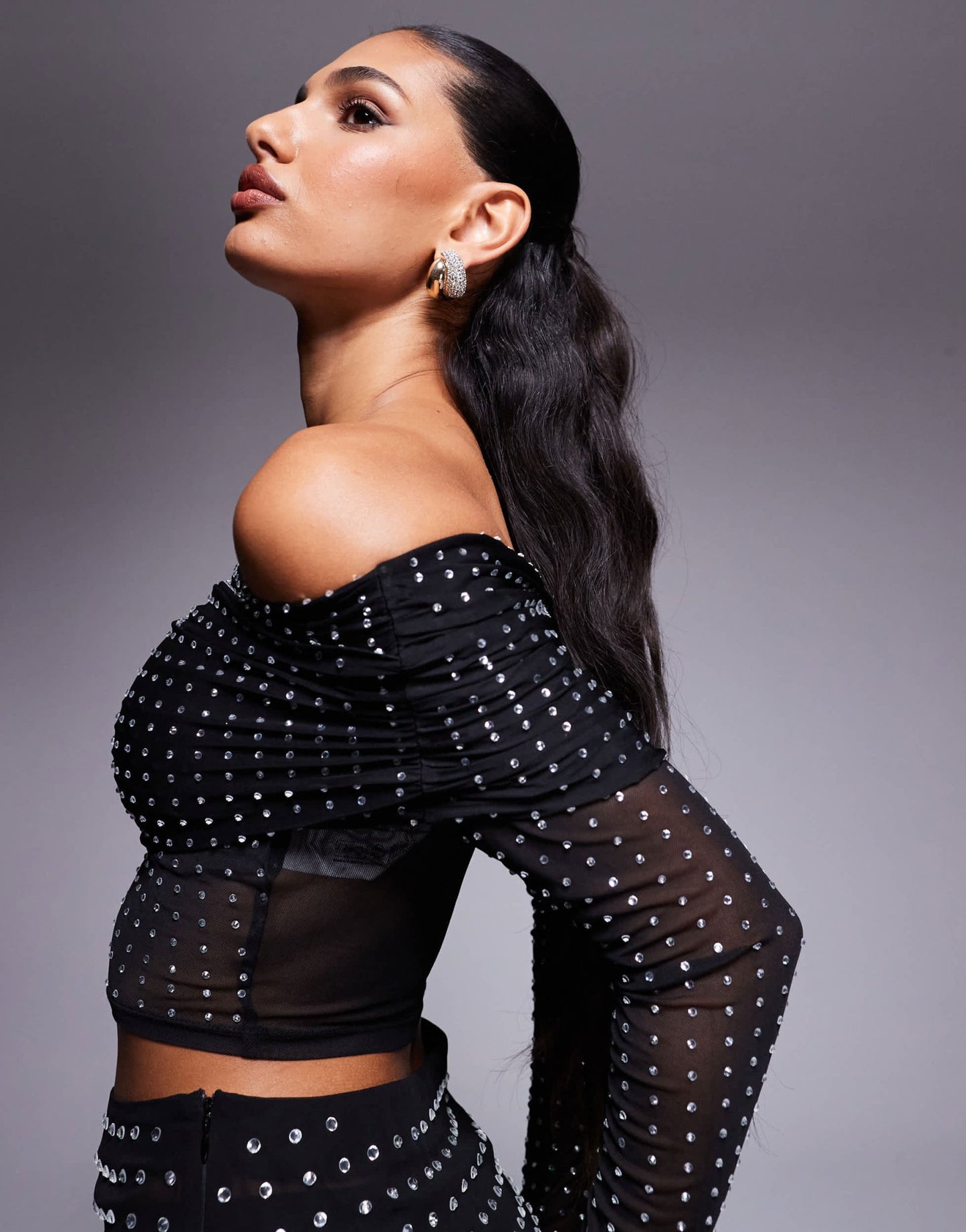 ASOS DESIGN hotfix off shoulder long sleeve top in black - ASOS Sample Sale