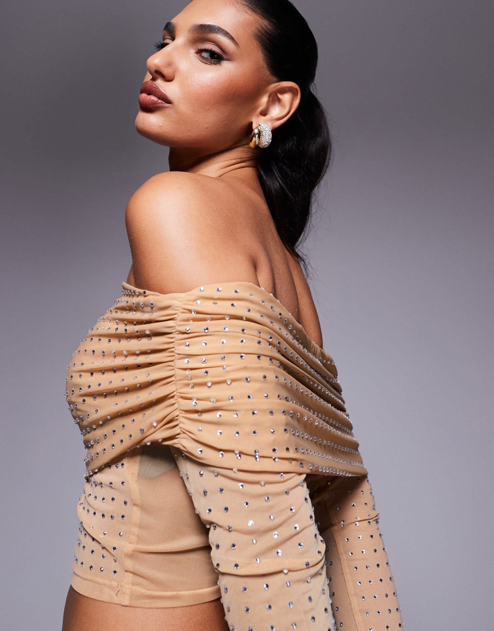 ASOS DESIGN hotfix off shoulder long sleeve top in stone - ASOS Sample Sale