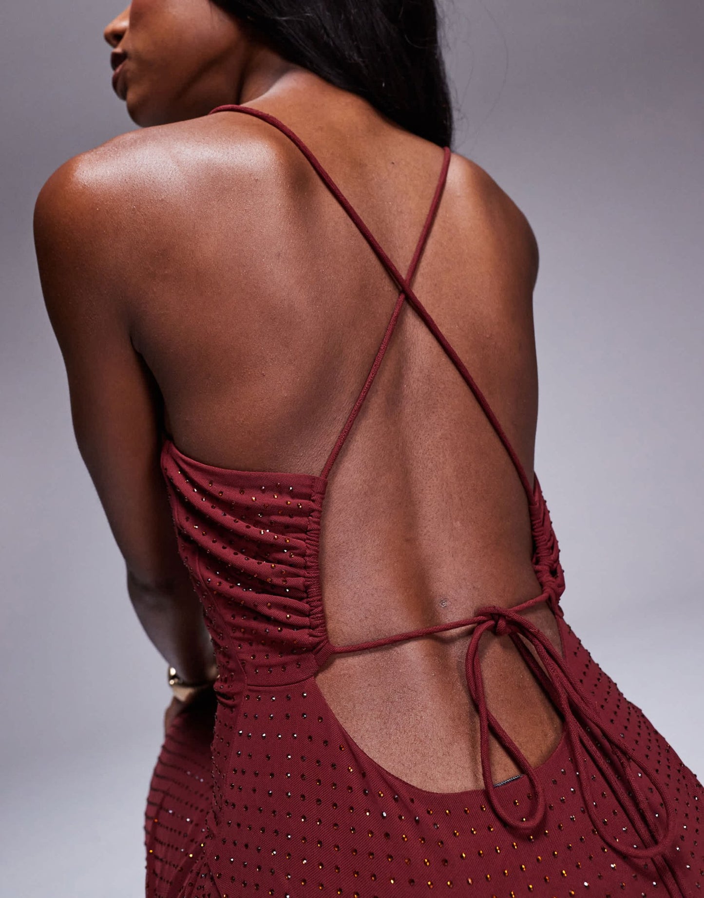 ASOS DESIGN hotfix sequin square neck maxi cami dress with back lace up detail in wine - ASOS Sample Sale