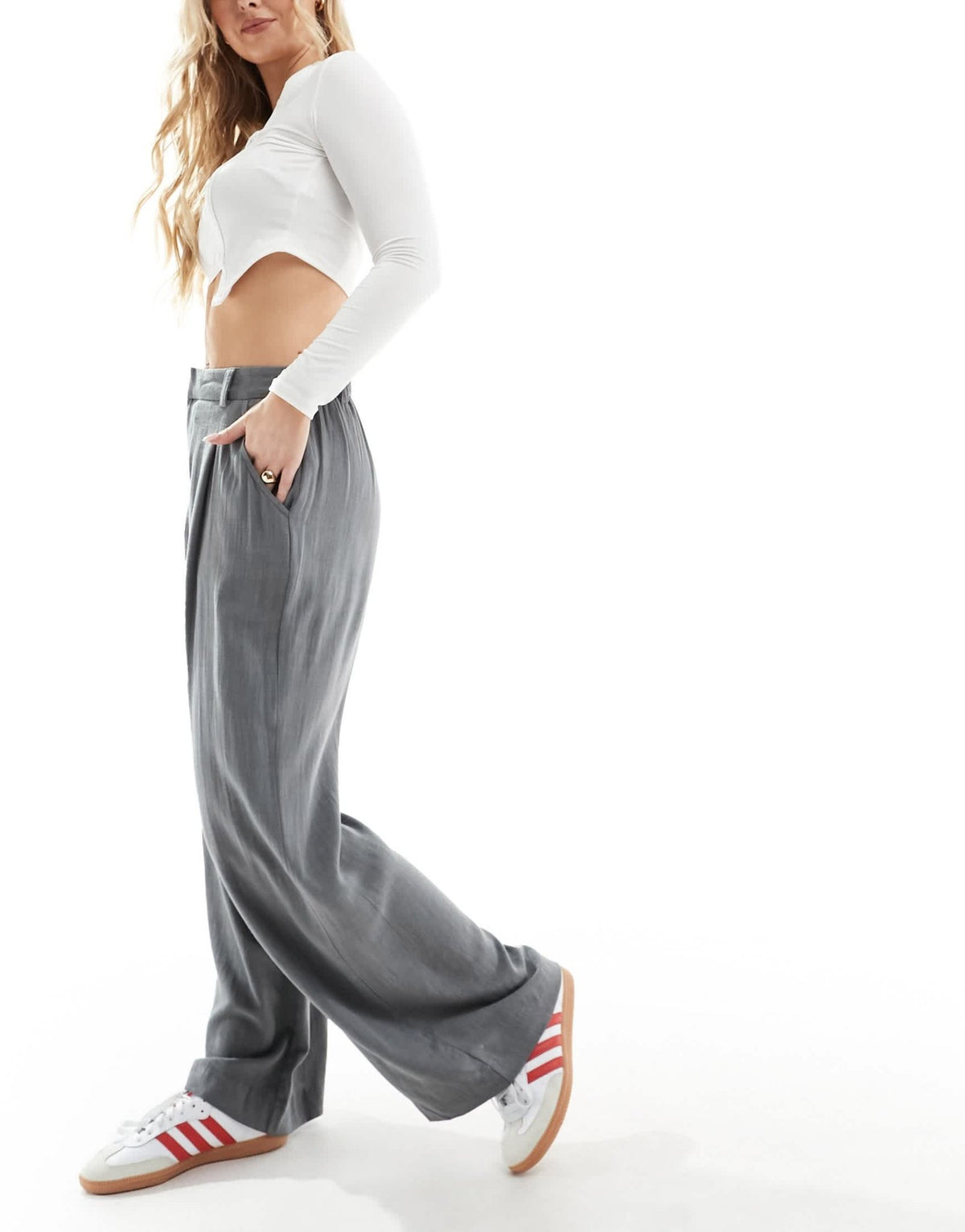 ASOS DESIGN Hourglass wide leg dad trousers with linen in grey - ASOS Sample Sale