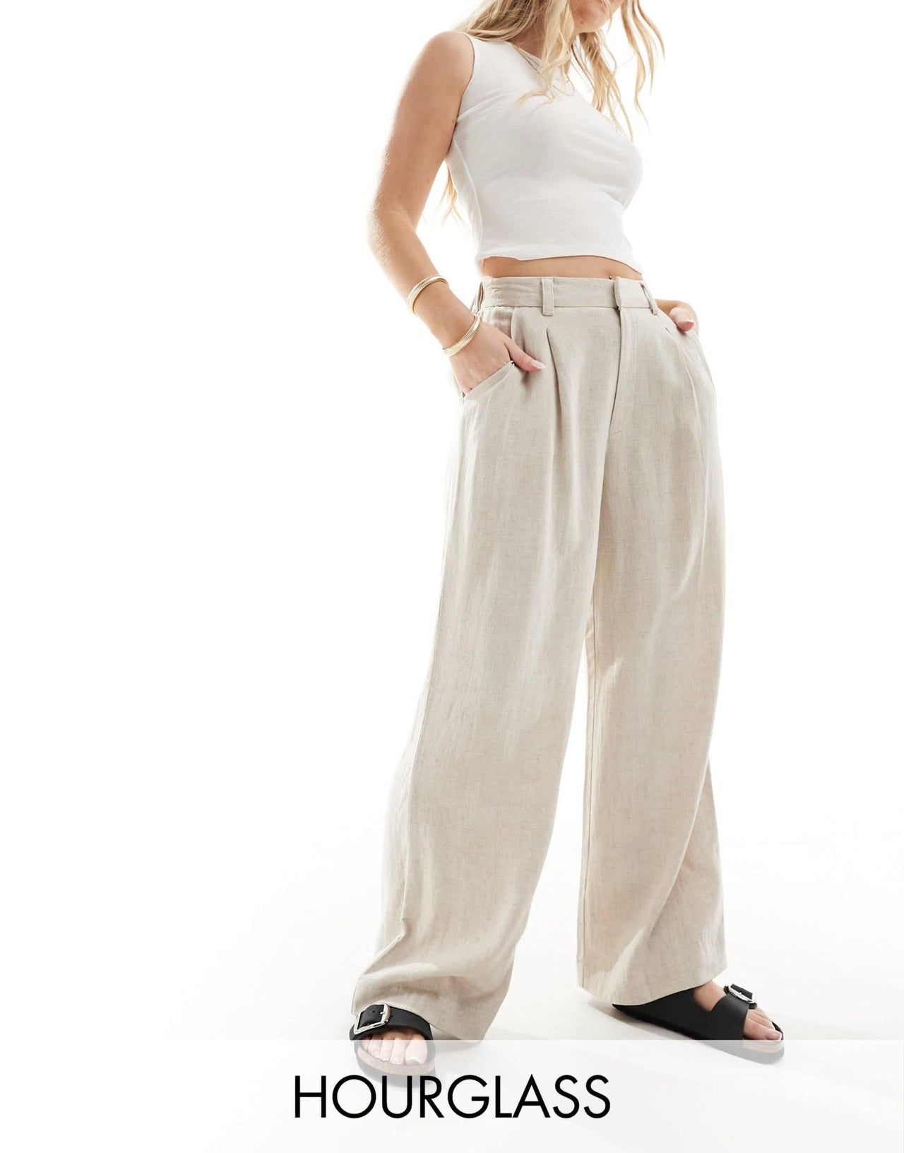 ASOS DESIGN Hourglass wide leg dad trousers with linen in natural - ASOS Sample Sale