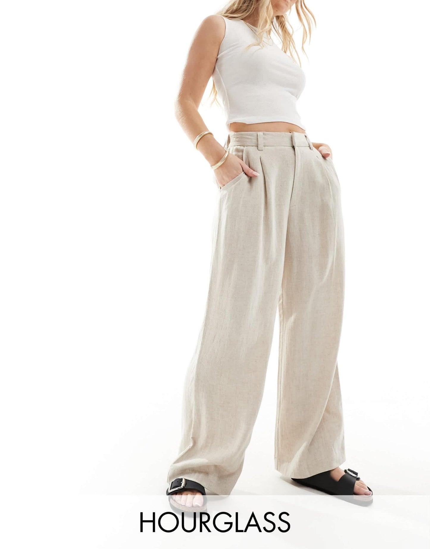 ASOS DESIGN Hourglass wide leg dad trousers with linen in natural - ASOS Sample Sale