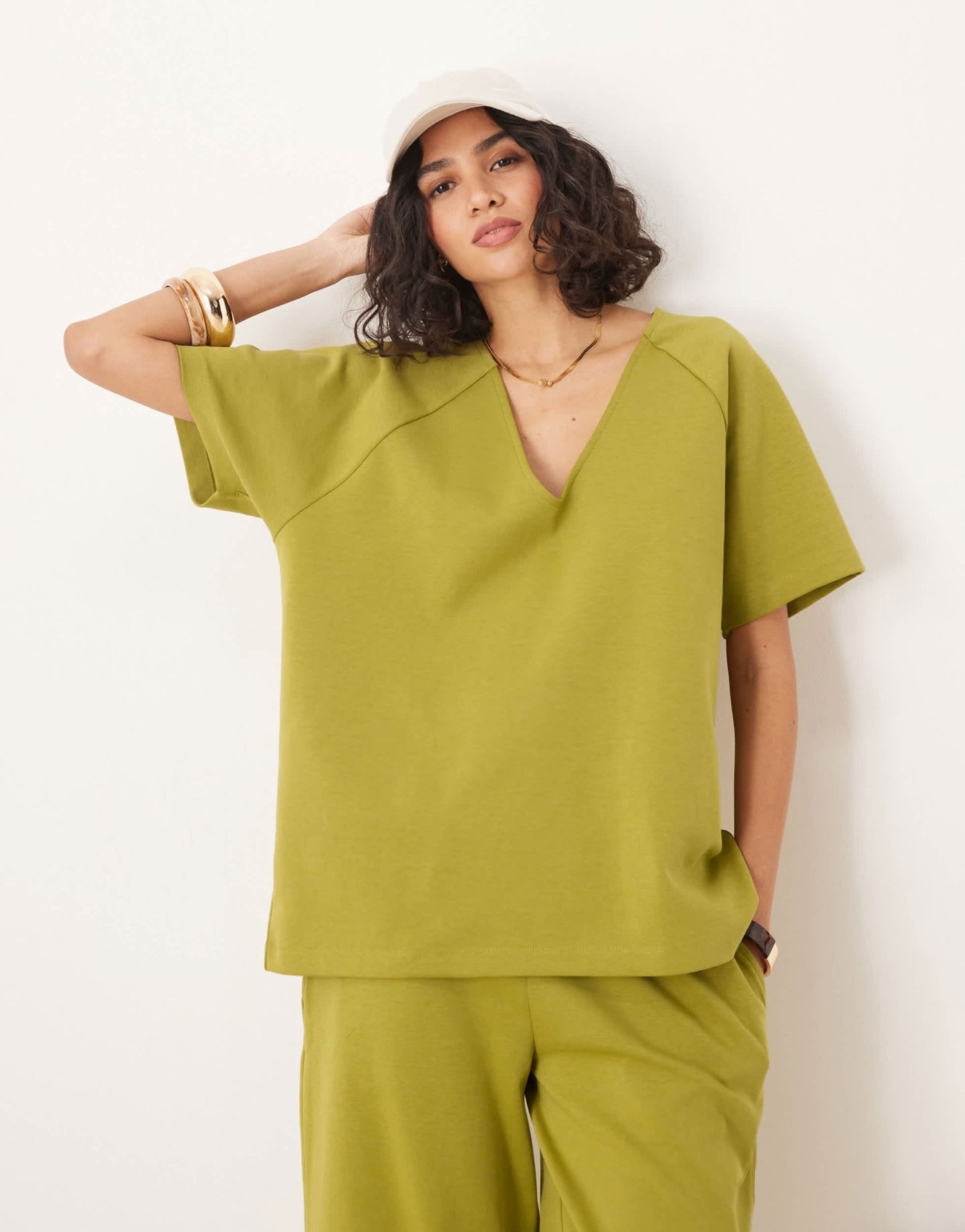 ASOS DESIGN interlock oversized v neck t-shirt in khaki - ASOS Sample Sale