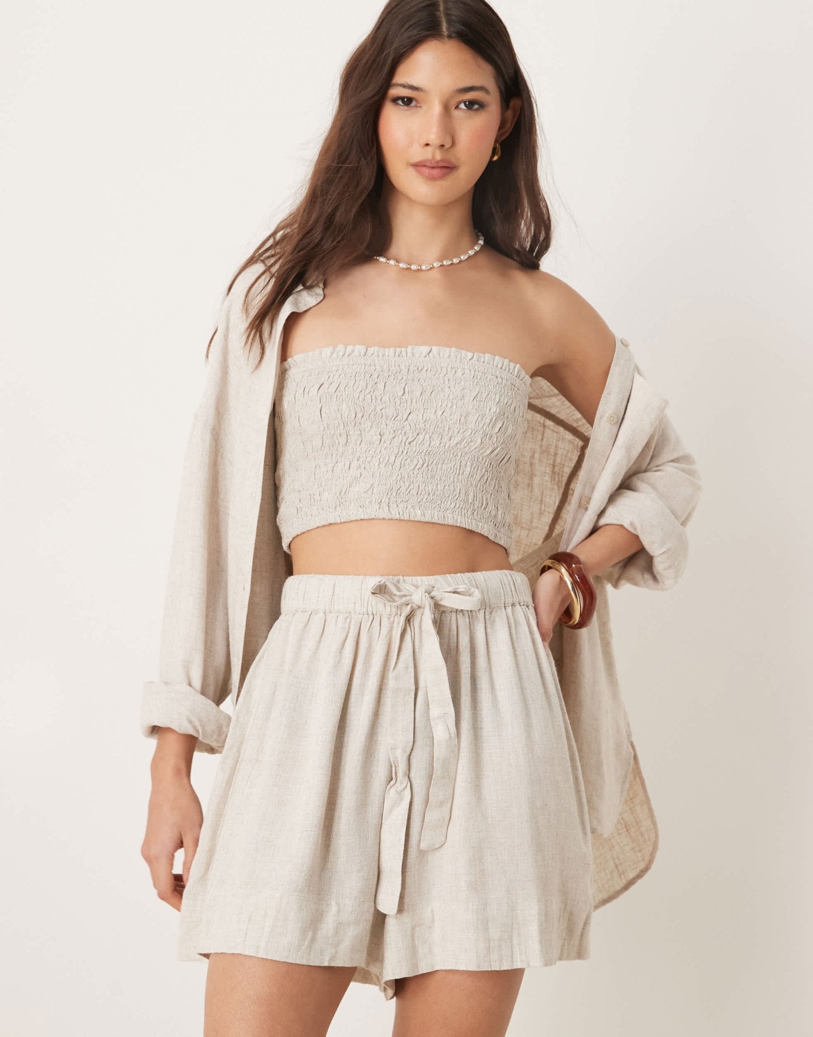 ASOS DESIGN Isabel mix & match linen blend shirred bandeau beach top in natural - ASOS Sample Sale