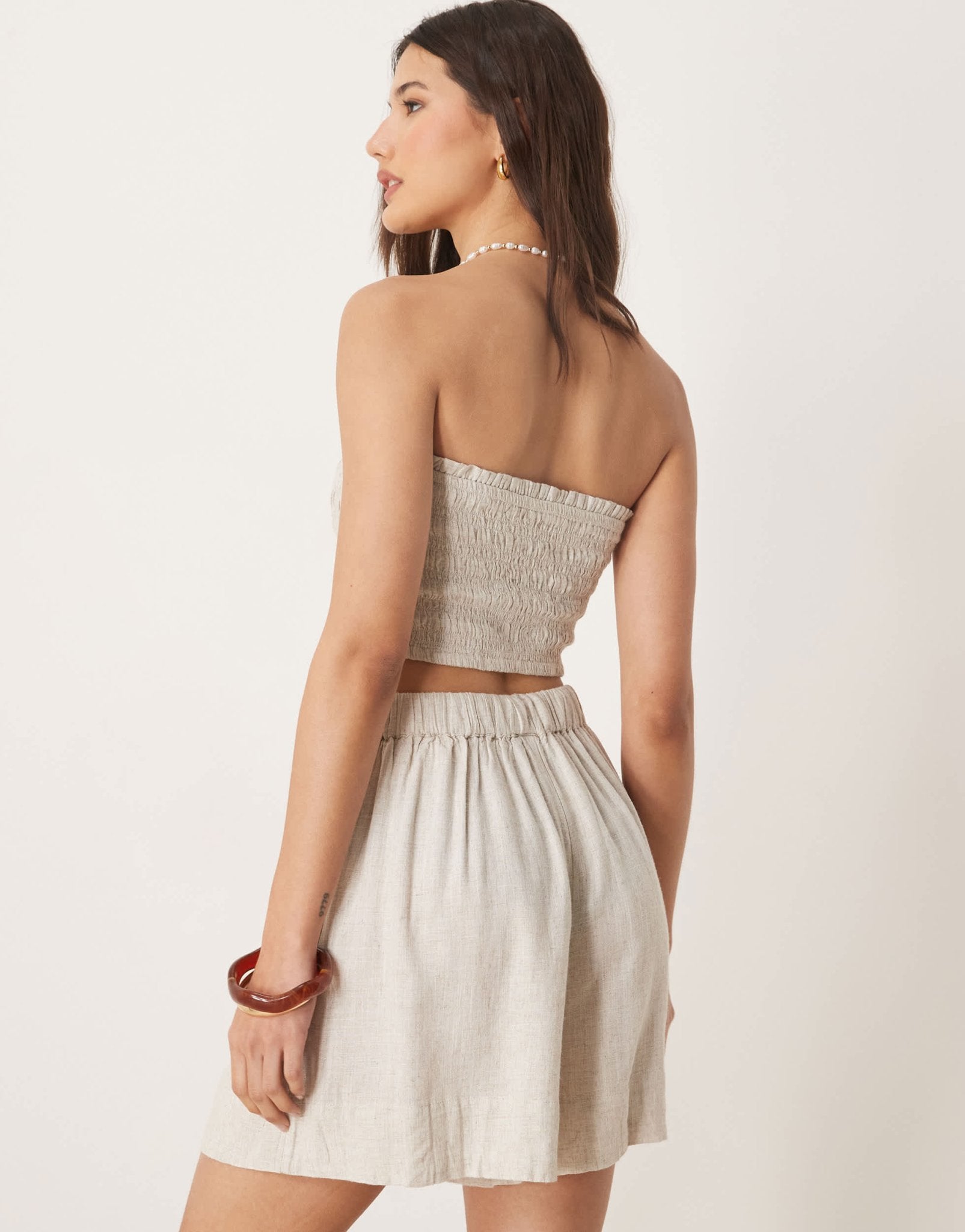 ASOS DESIGN Isabel mix & match linen blend shirred bandeau beach top in natural - ASOS Sample Sale