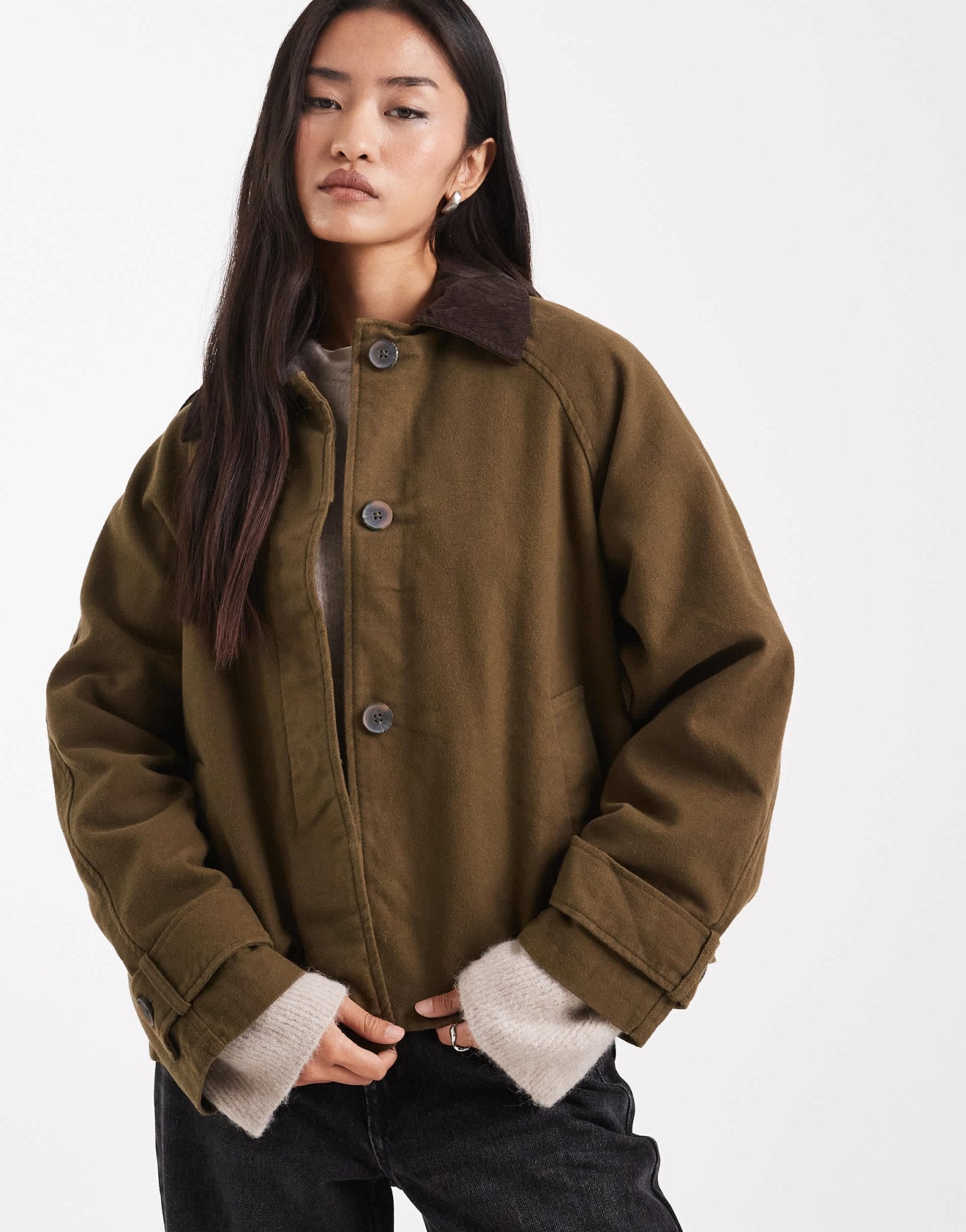 ASOS DESIGN jacket with contrast collar in khaki - ASOS Sample Sale