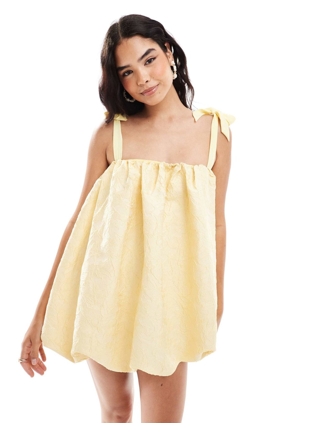 ASOS DESIGN jacquard cold shoulder tie strap bubble mini dress in lemon yellow - ASOS Sample Sale