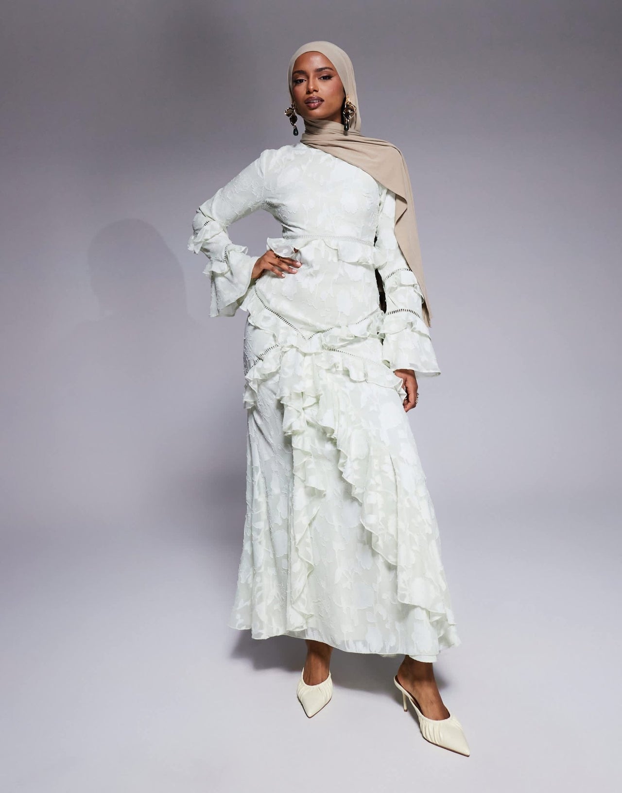 ASOS DESIGN jacquard ruffle long sleeve maxi dress in sage green - ASOS Sample Sale