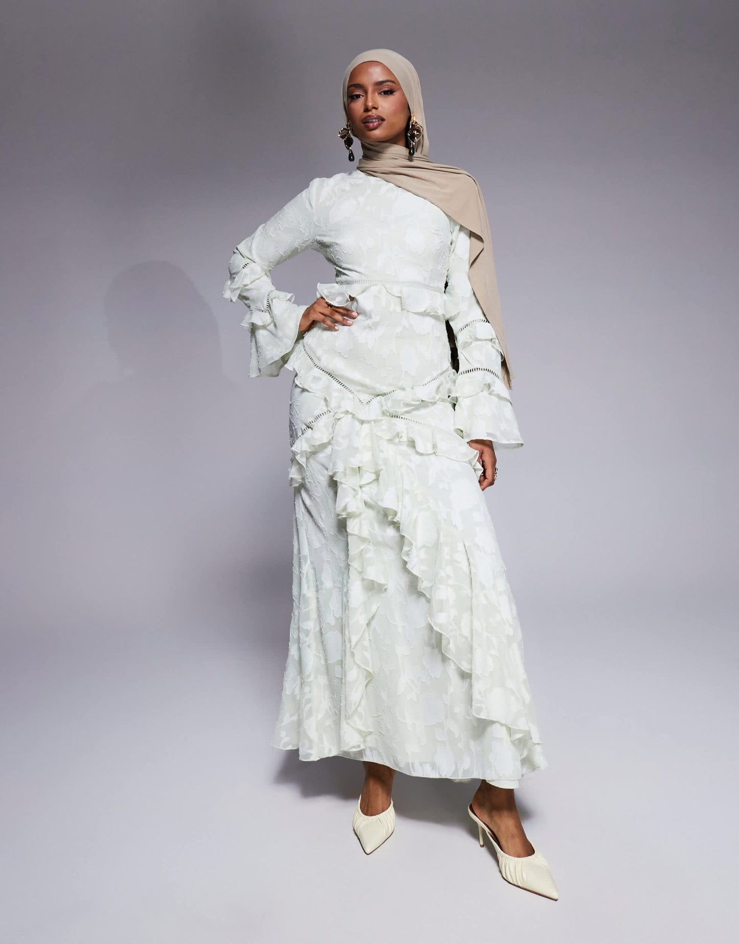 ASOS DESIGN jacquard ruffle long sleeve maxi dress in sage green - ASOS Sample Sale