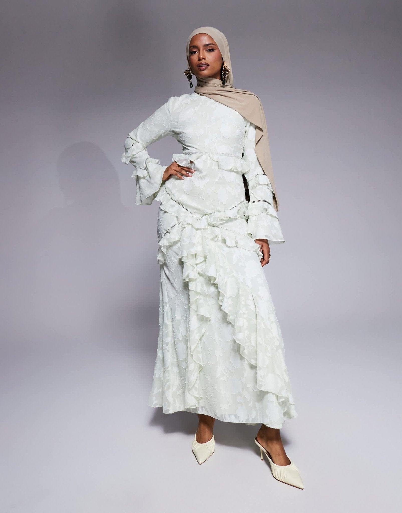 ASOS DESIGN jacquard ruffle long sleeve maxi dress in sage green - ASOS Sample Sale