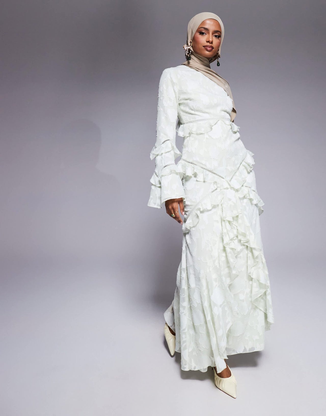 ASOS DESIGN jacquard ruffle long sleeve maxi dress in sage green - ASOS Sample Sale
