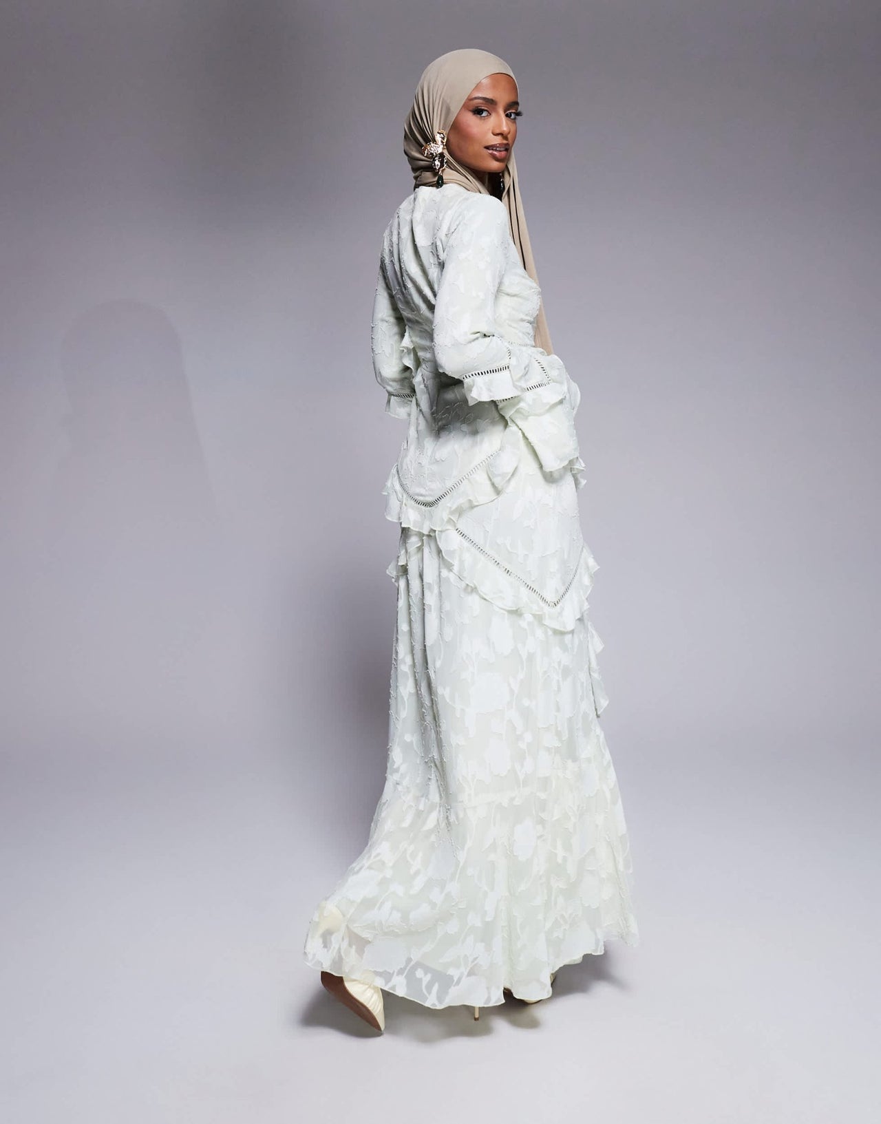 ASOS DESIGN jacquard ruffle long sleeve maxi dress in sage green - ASOS Sample Sale
