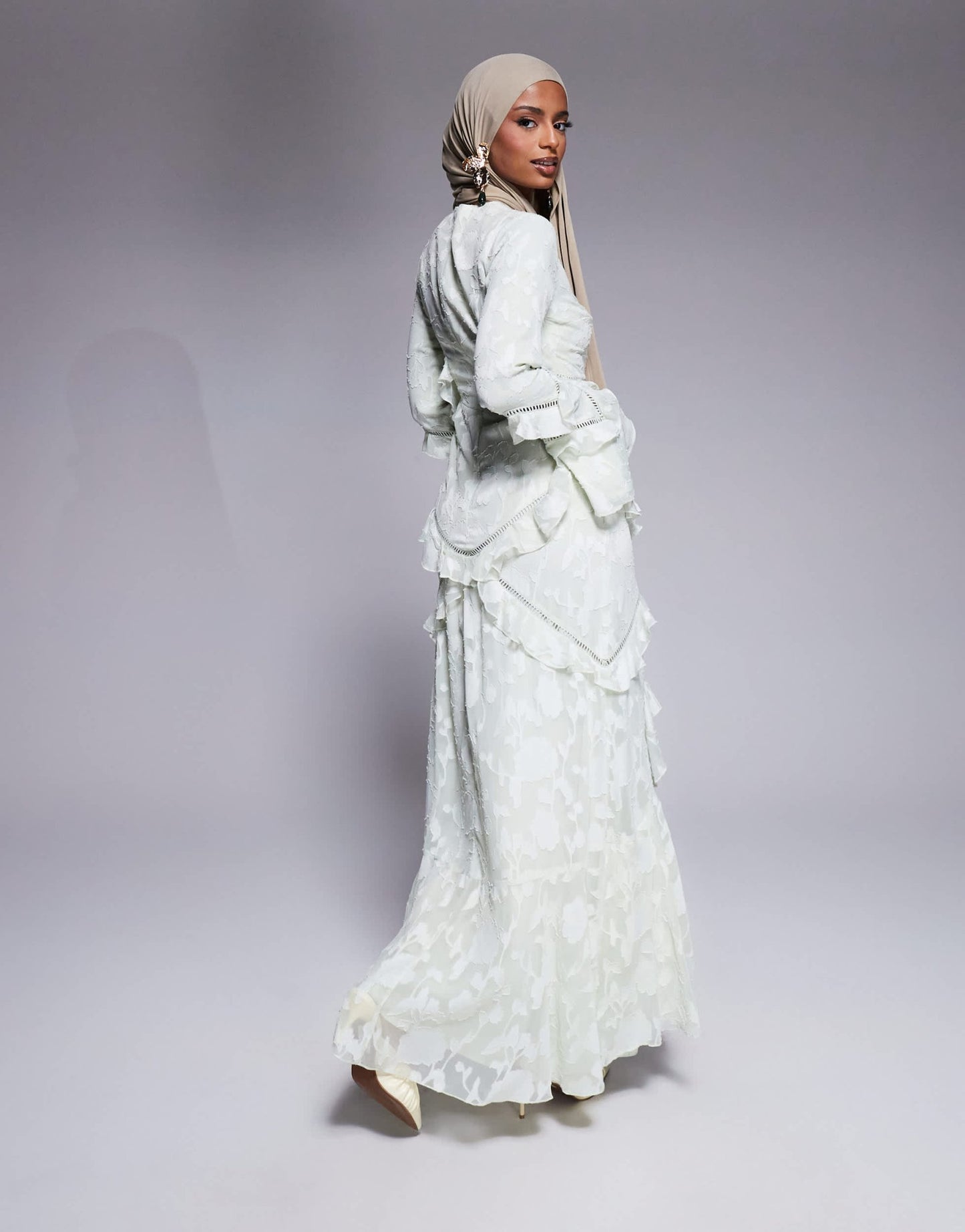 ASOS DESIGN jacquard ruffle long sleeve maxi dress in sage green - ASOS Sample Sale