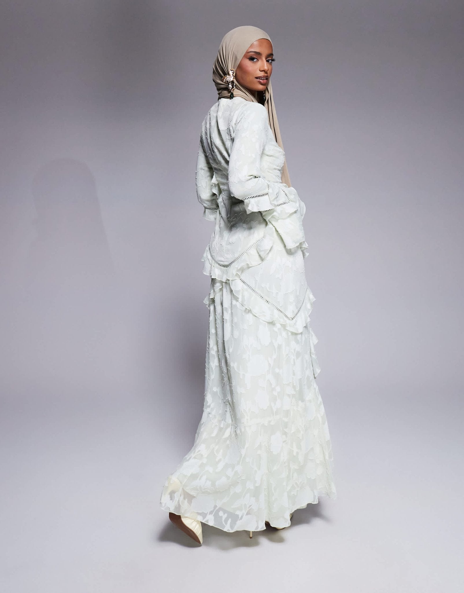 ASOS DESIGN jacquard ruffle long sleeve maxi dress in sage green - ASOS Sample Sale
