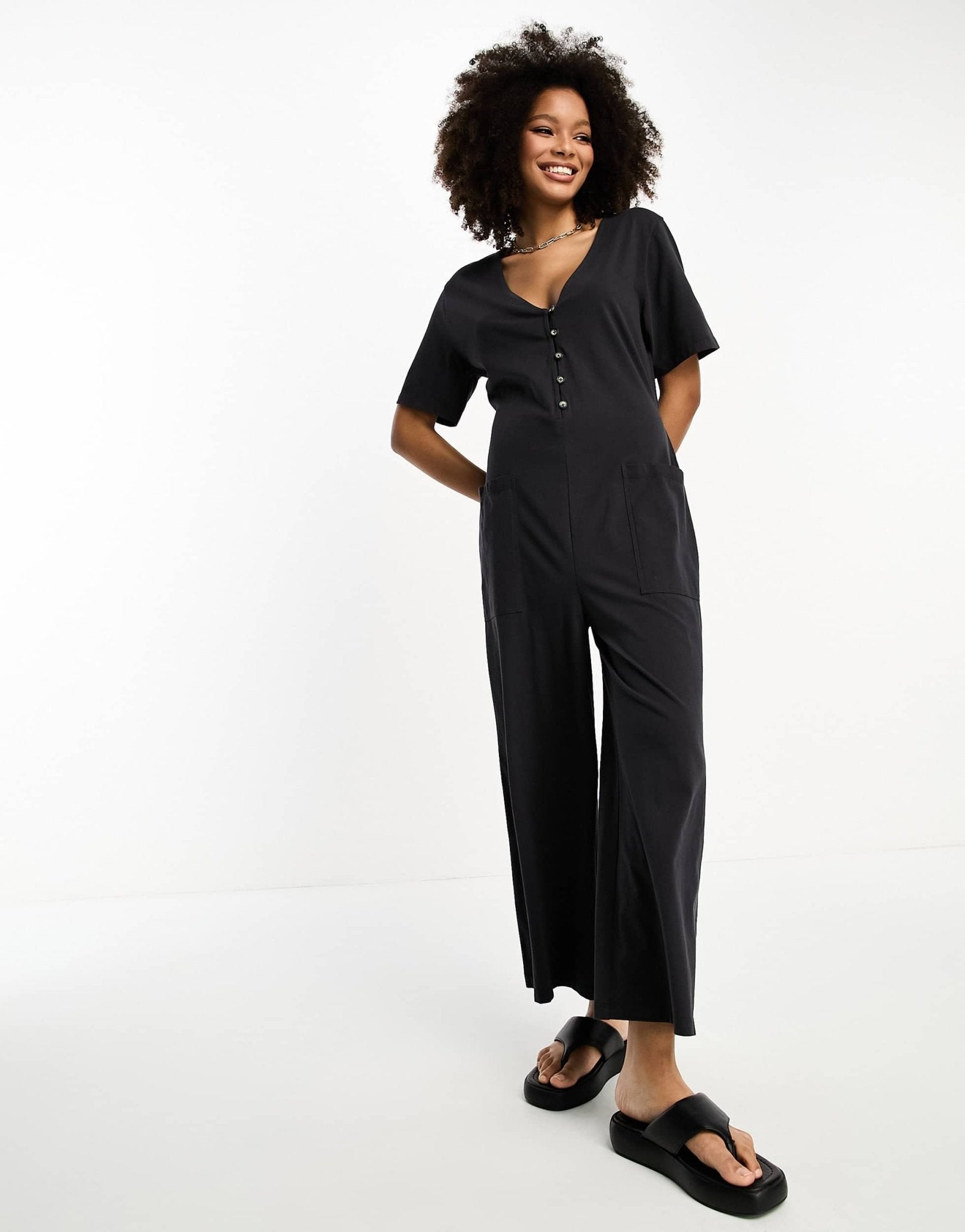 ASOS DESIGN jersey button front chuck on jumpsuit in washed black - ASOS Sample Sale