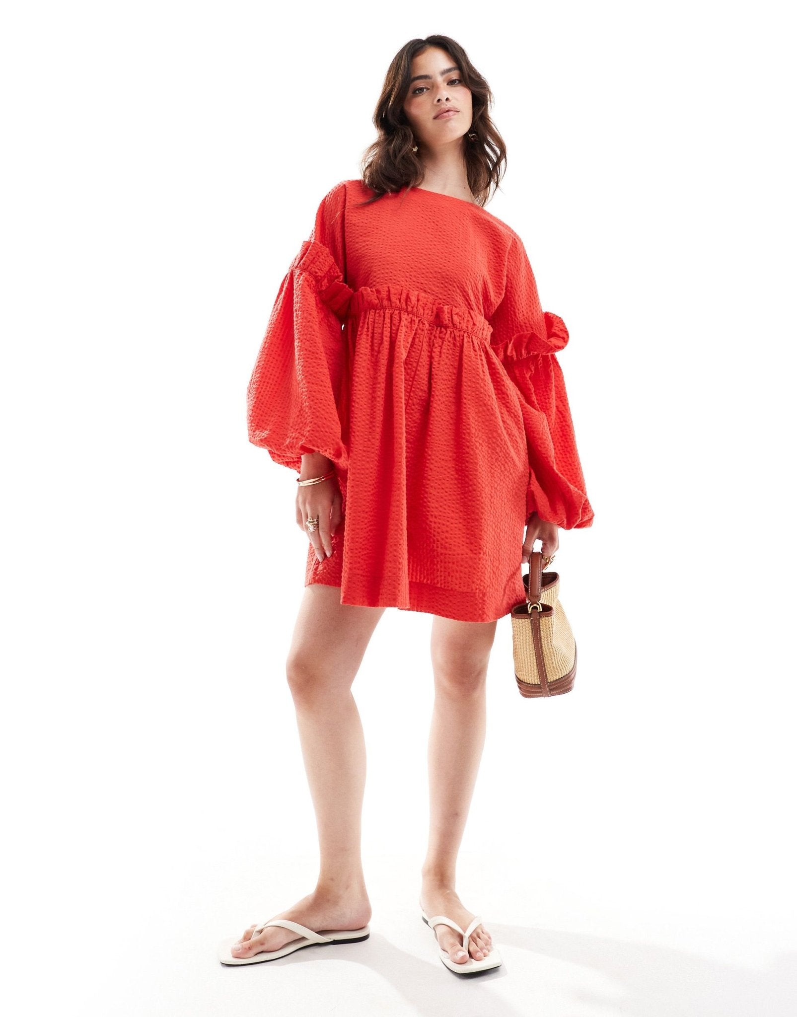 ASOS DESIGN jumbo ruffle mini textured dress in cherry red - ASOS Sample Sale