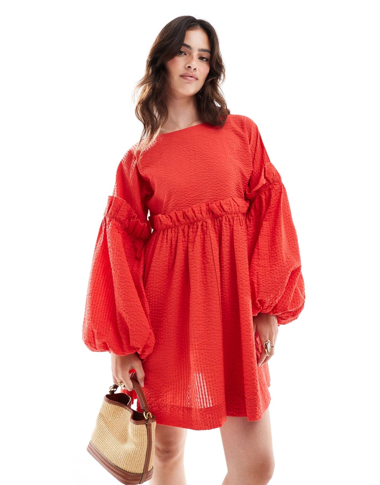 ASOS DESIGN jumbo ruffle mini textured dress in cherry red - ASOS Sample Sale