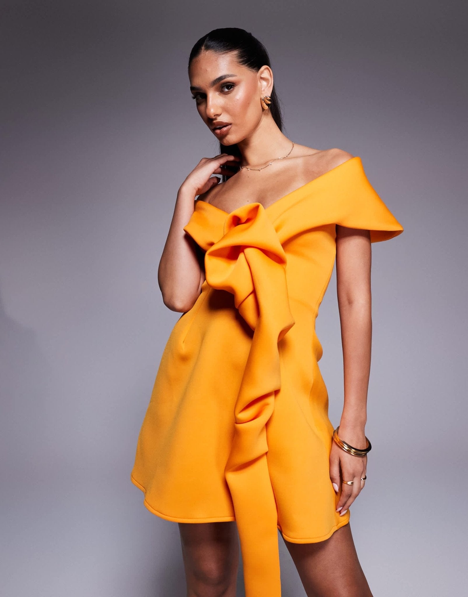 ASOS DESIGN just off shoulder mini dress with manipulated front detailing and a - line skirt in orange in scuba - style fabric - ASOS Sample Sale