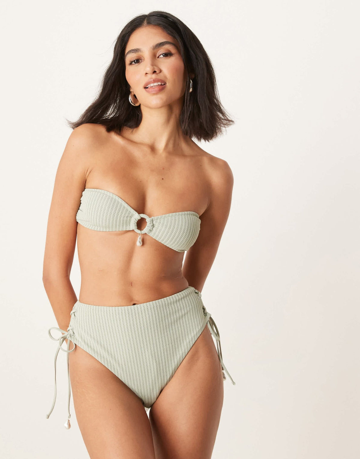 ASOS DESIGN Kai textured bandeau bikini top with pearl trim in sage - ASOS Sample Sale