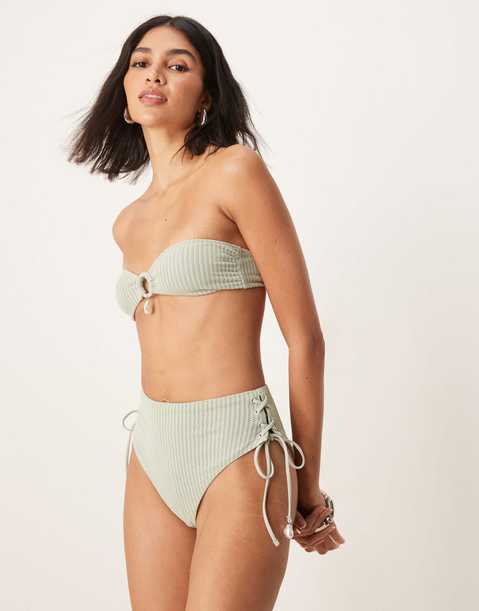 ASOS DESIGN Kai textured tie up high leg high waist bikini bottom with pearl trim in sage - ASOS Sample Sale