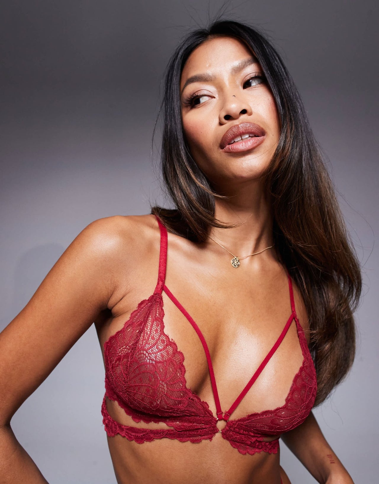 ASOS DESIGN Kimmy lace strappy cut out triangle bra in burgundy - ASOS Sample Sale